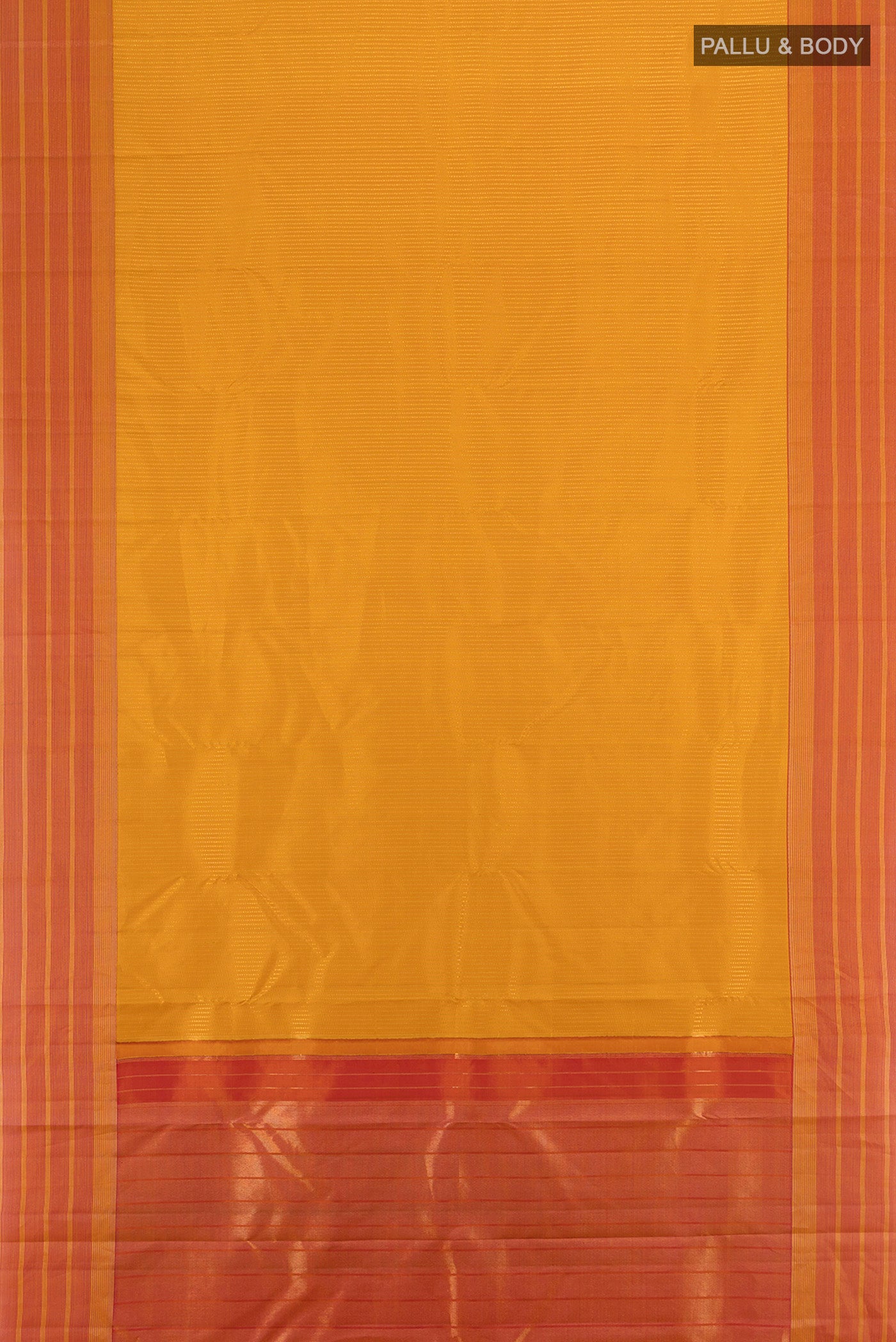 Flat view of Mustard Kanchipuram Silk Saree with Stripes on the body and Zari Border. 