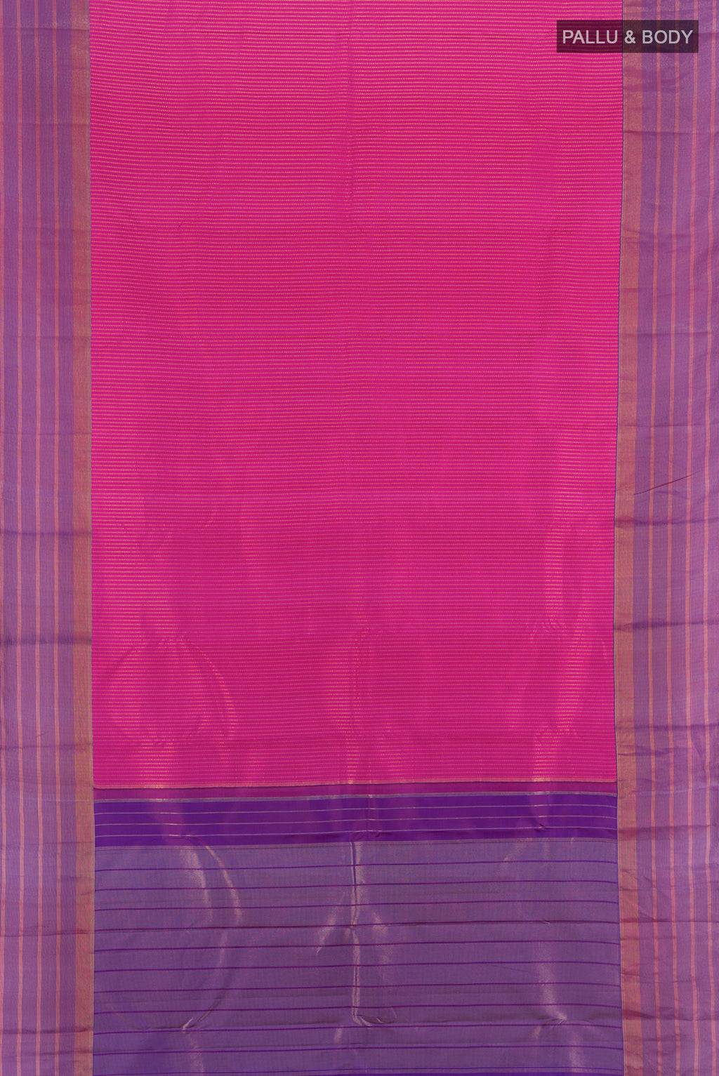 Flat view of Magenta Kanchipuram Silk Saree with Stripes on the body and Zari Border. 