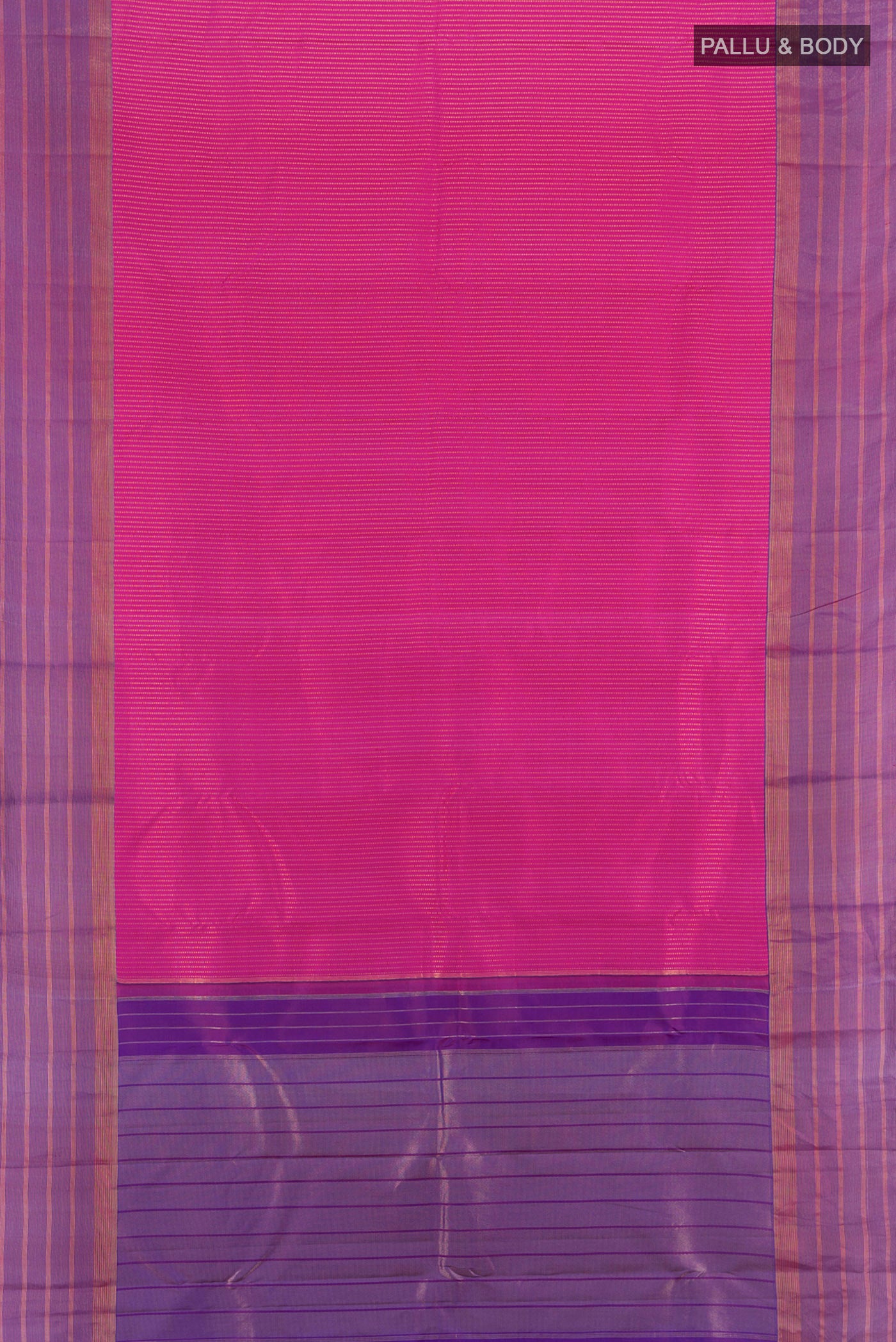 Flat view of Magenta Kanchipuram Silk Saree with Stripes on the body and Zari Border. 
