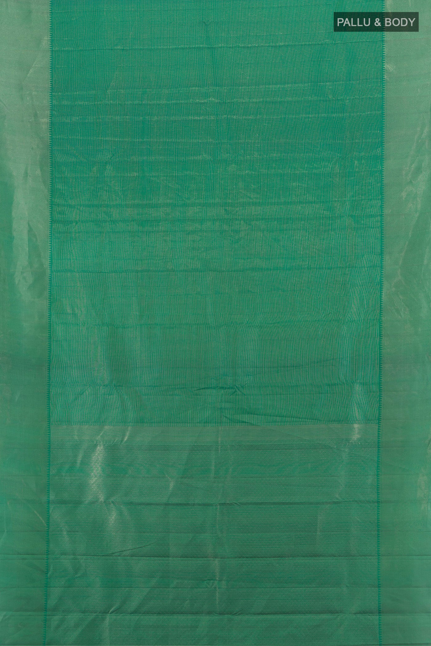 Flat view of Green Kanchipuram Silk Saree with Checked design on the body and Zari Border. 