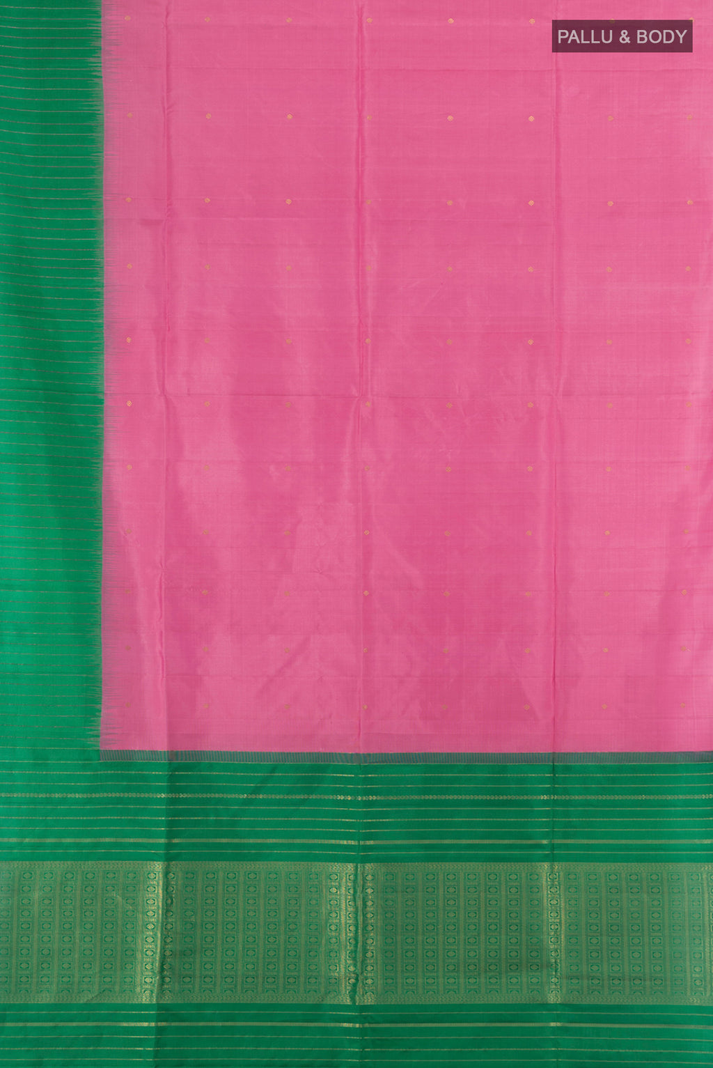 Flat view of Rose pink Soft Silk Saree with Zari Butta on the body and Plain Border. 