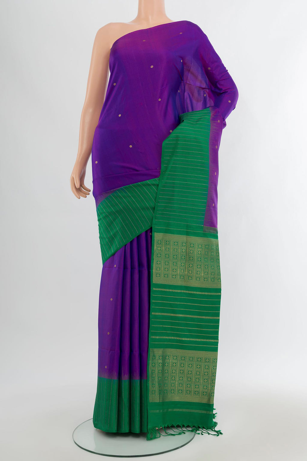 Purple Soft Silk Saree with Zari Butta on the body and Without Border.  displayed on a mannequin