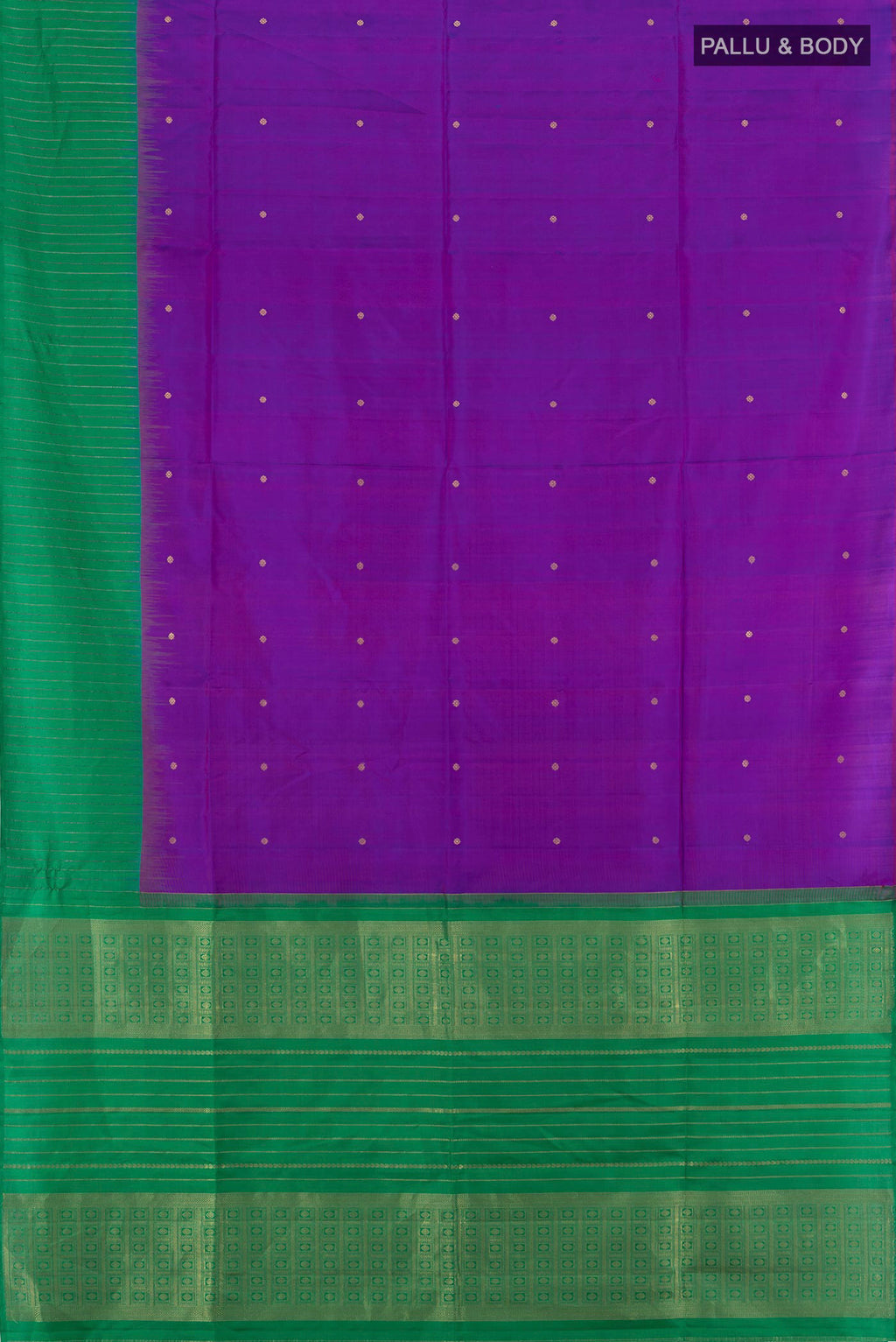 Flat view of Purple Soft Silk Saree with Zari Butta on the body and Without Border. 