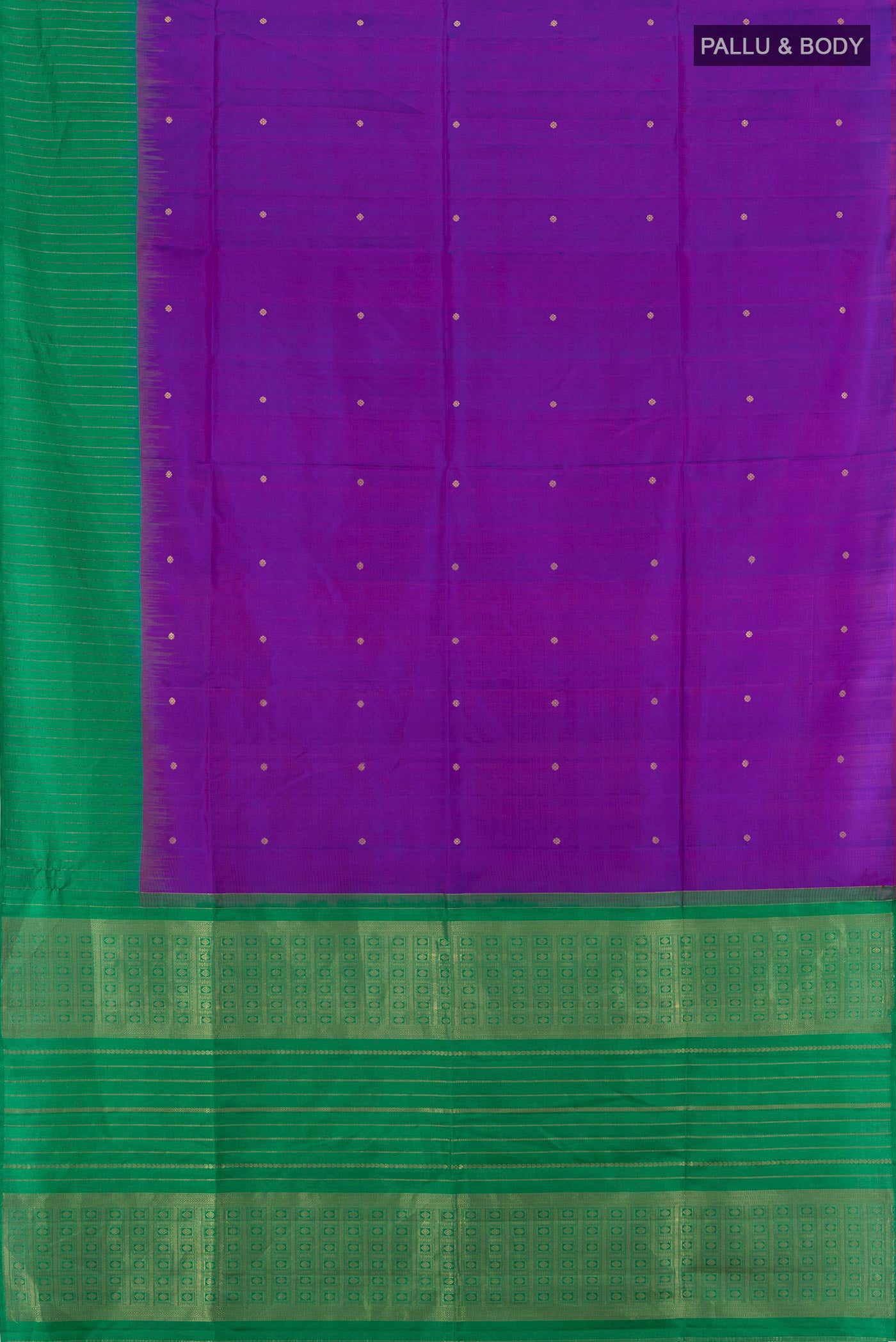 Flat view of Purple Soft Silk Saree with Zari Butta on the body and Without Border. 