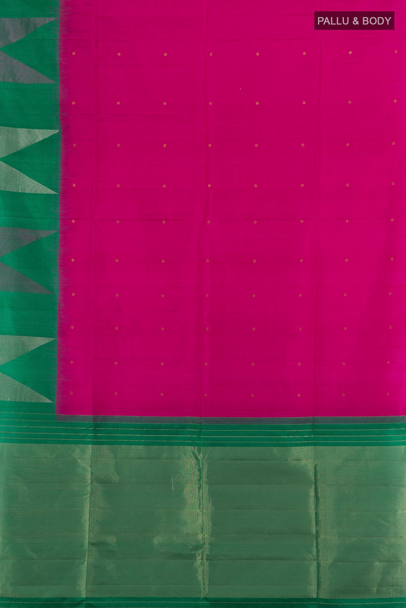 Flat view of Rani Pink Soft Silk Saree with Zari Butta on the body and Fancy Border. 
