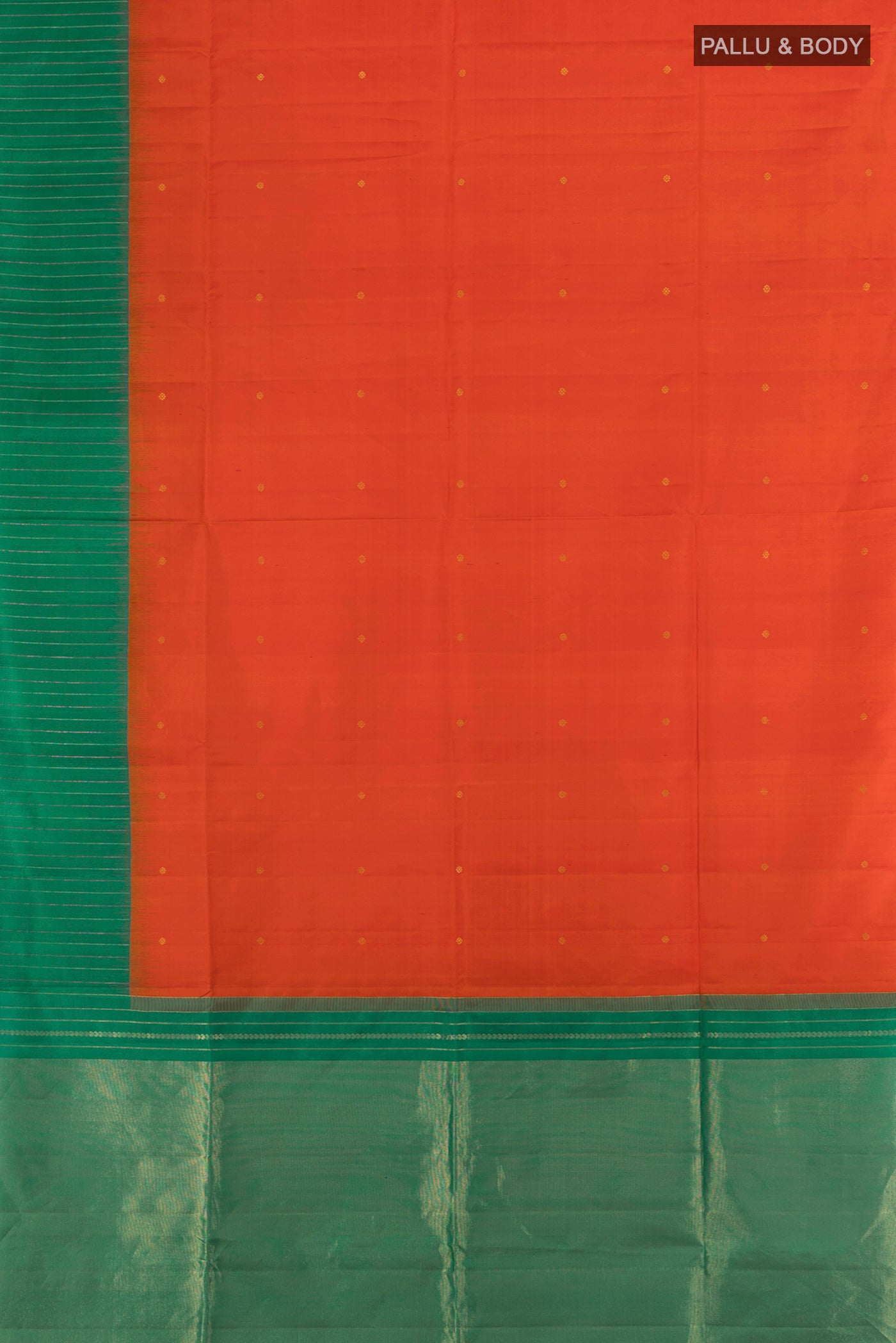 Flat view of Orange Soft Silk Saree with Zari Butta on the body and Plain Border. 