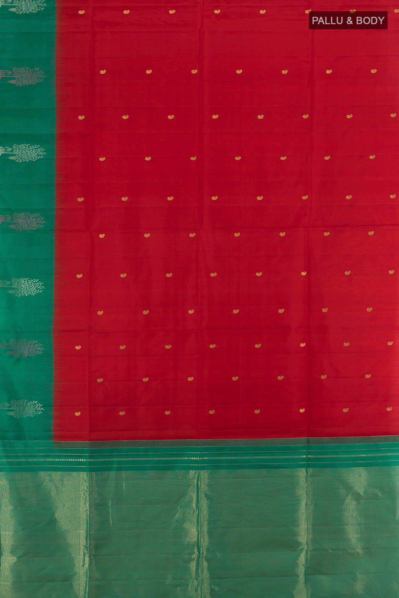 Flat view of Red Soft Silk Saree with Zari Butta on the body and Fancy Border. 