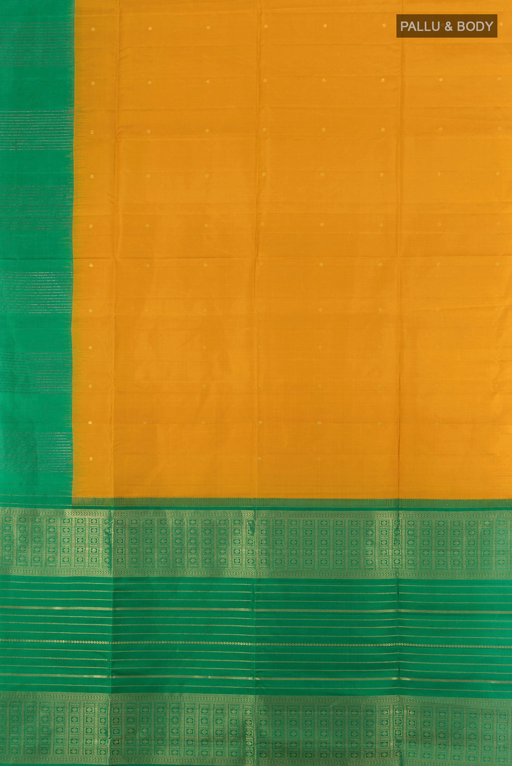 Flat view of Mustard Soft Silk Saree with Zari Butta on the body and Fancy Border. 