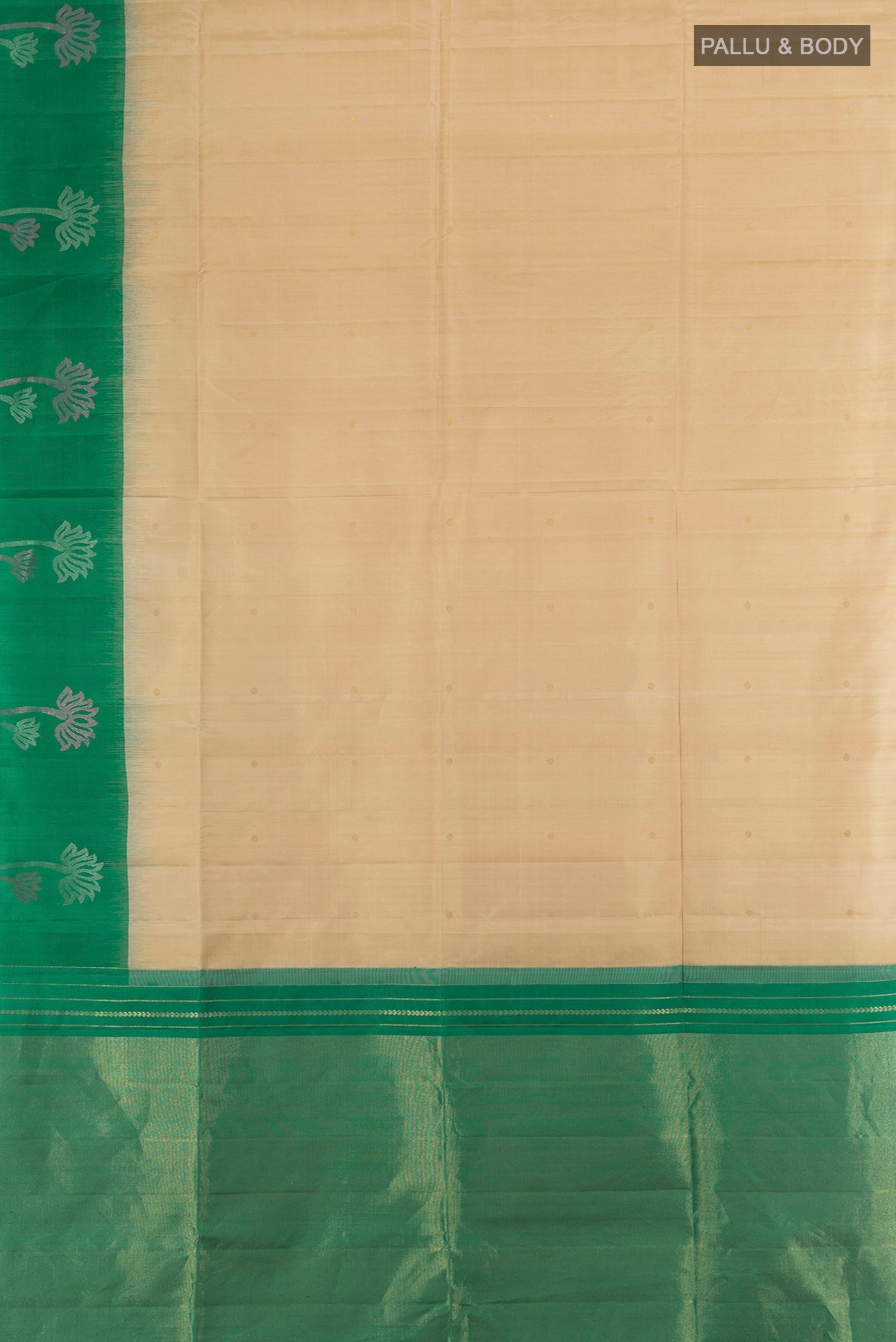 Flat view of Dark Beige Soft Silk Saree with Zari Butta on the body and Fancy Border. 