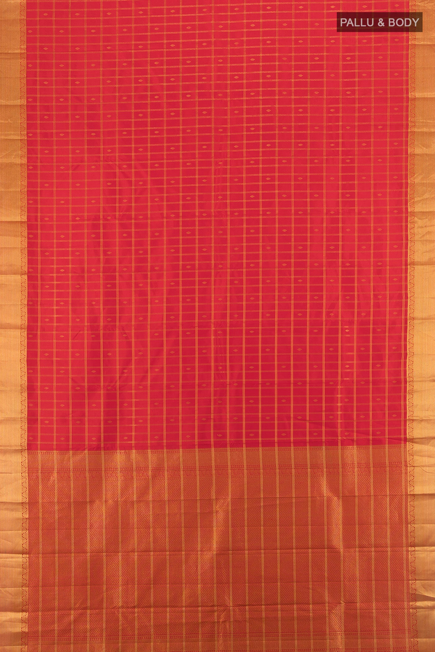 Flat view of Coral Kanchipuram Silk Saree with Checked design on the body and Zari Border. 