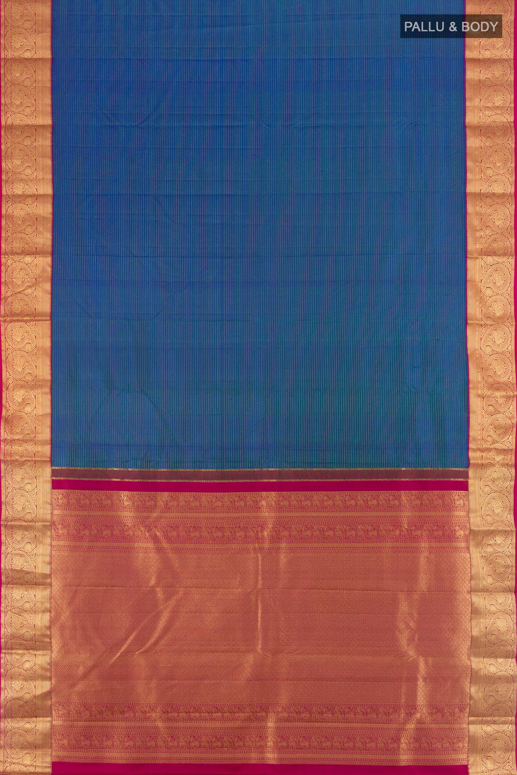 Flat view of Blue Kanchipuram Silk Saree with Zari Butta on the body and Zari Border. 