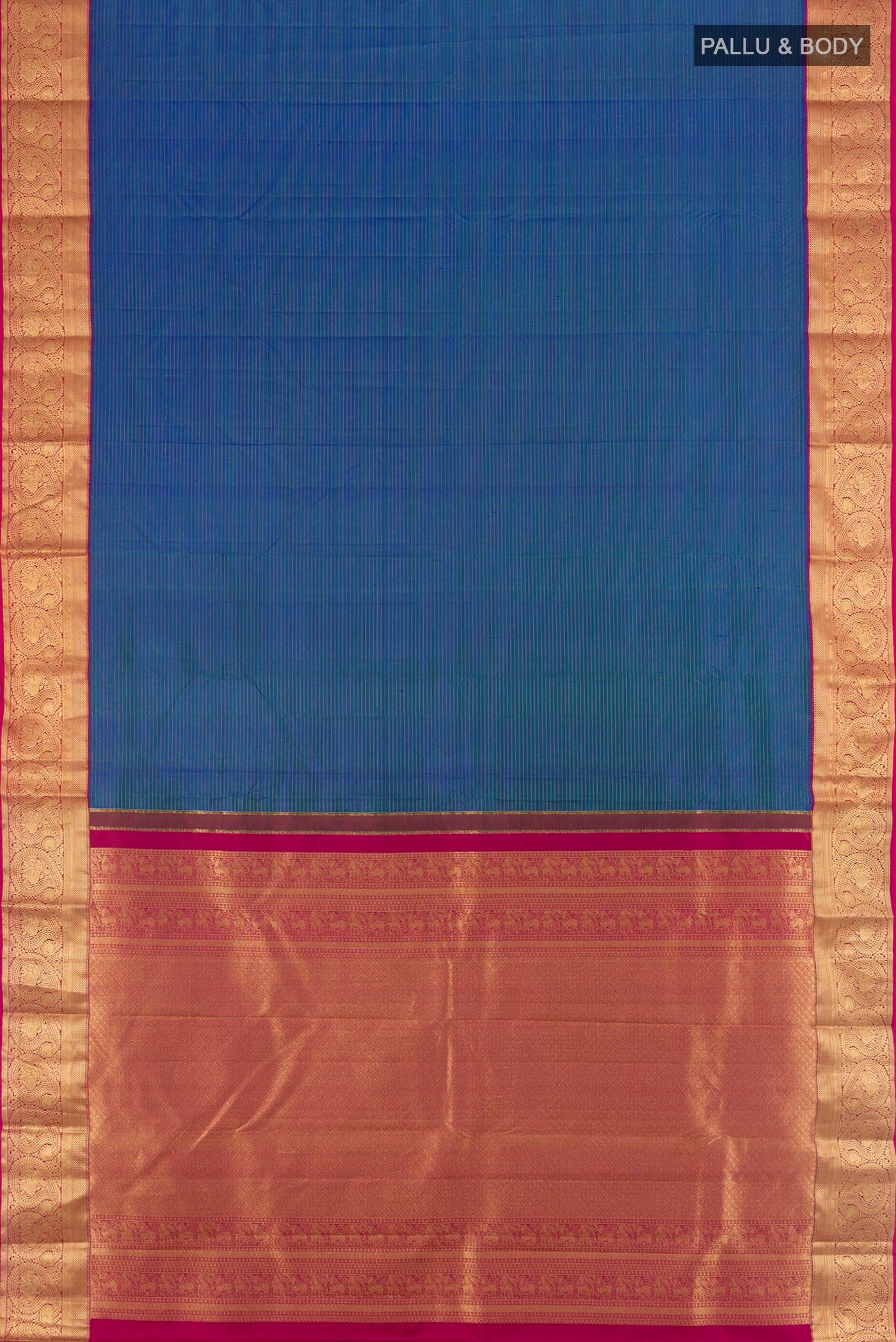 Flat view of Blue Kanchipuram Silk Saree with Zari Butta on the body and Zari Border. 
