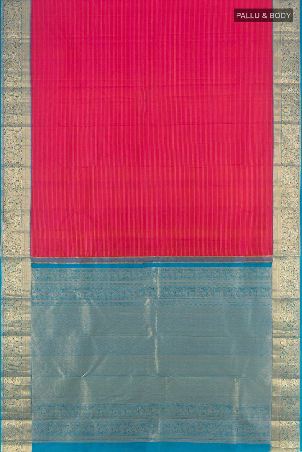 Flat view of Pink Kanchipuram Silk Saree with Stripes on the body and Zari Border. 