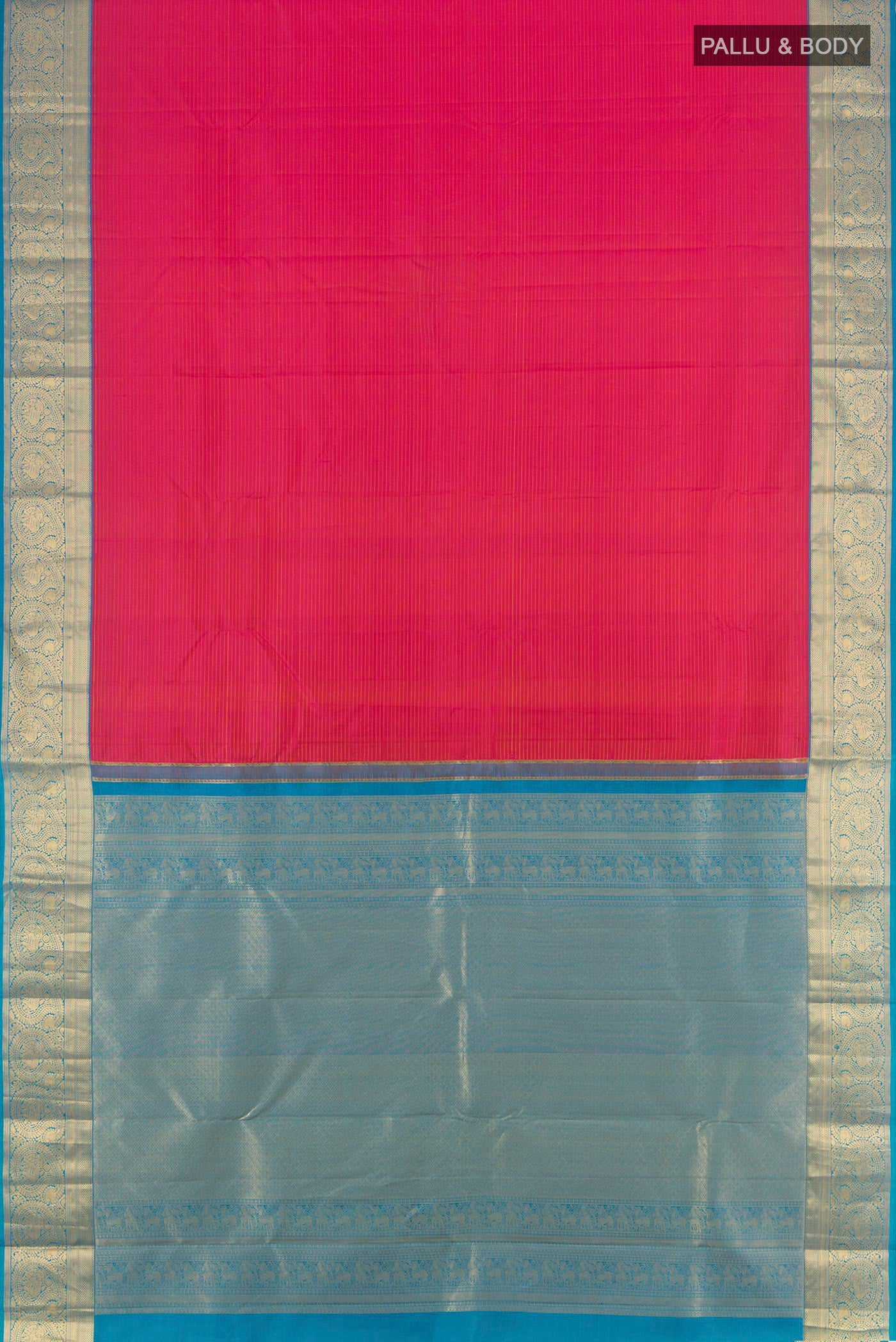 Flat view of Pink Kanchipuram Silk Saree with Stripes on the body and Zari Border. 