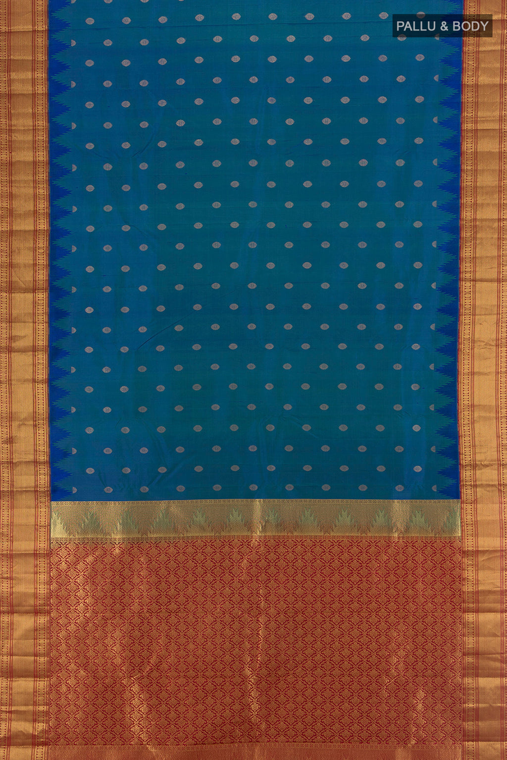 Flat view of Peacock Blue Kanchipuram Silk Saree with Zari Butta on the body and Zari Border. 