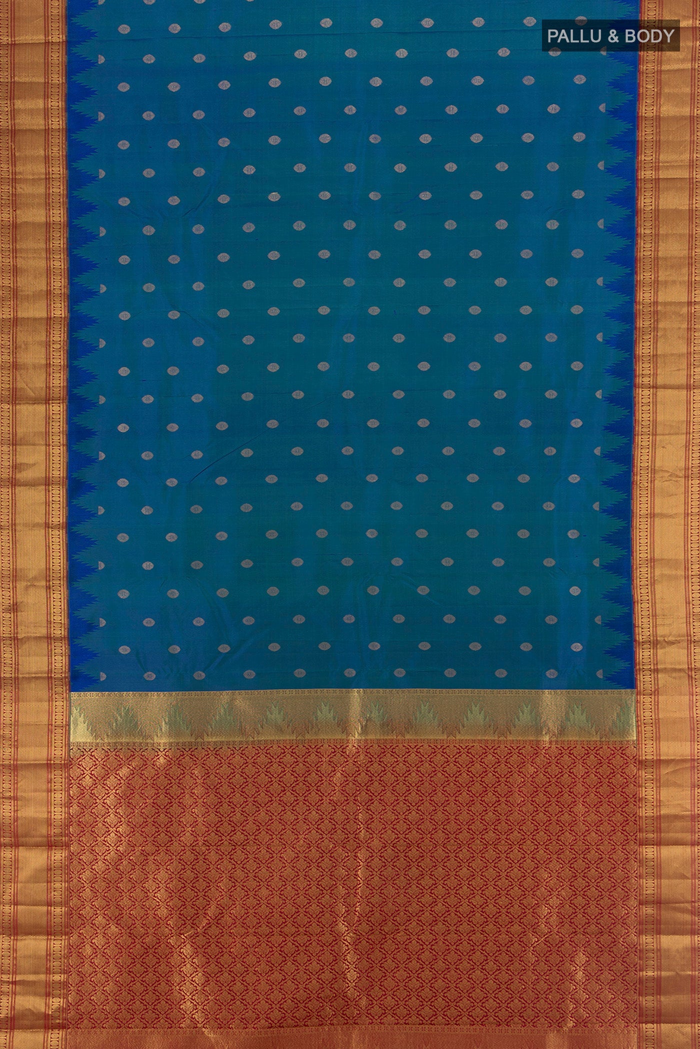 Flat view of Peacock Blue Kanchipuram Silk Saree with Zari Butta on the body and Zari Border. 