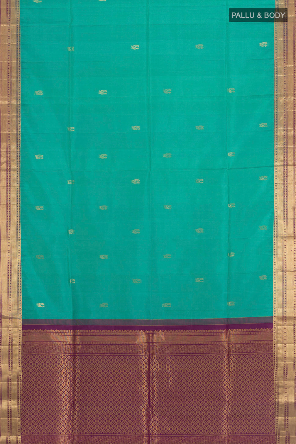 Flat view of Sea Green Soft Silk Saree with Zari Butta on the body and Zari Border. 