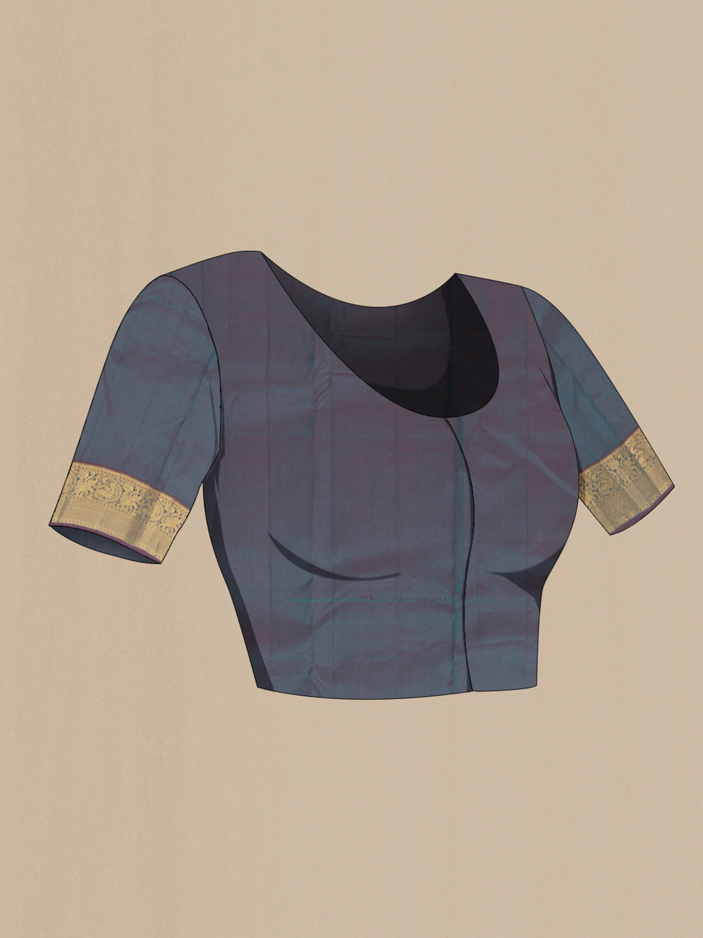 Close up image of the blouse of Green Kanchipuram Silk Saree with Checked design on the body and Zari Border. 