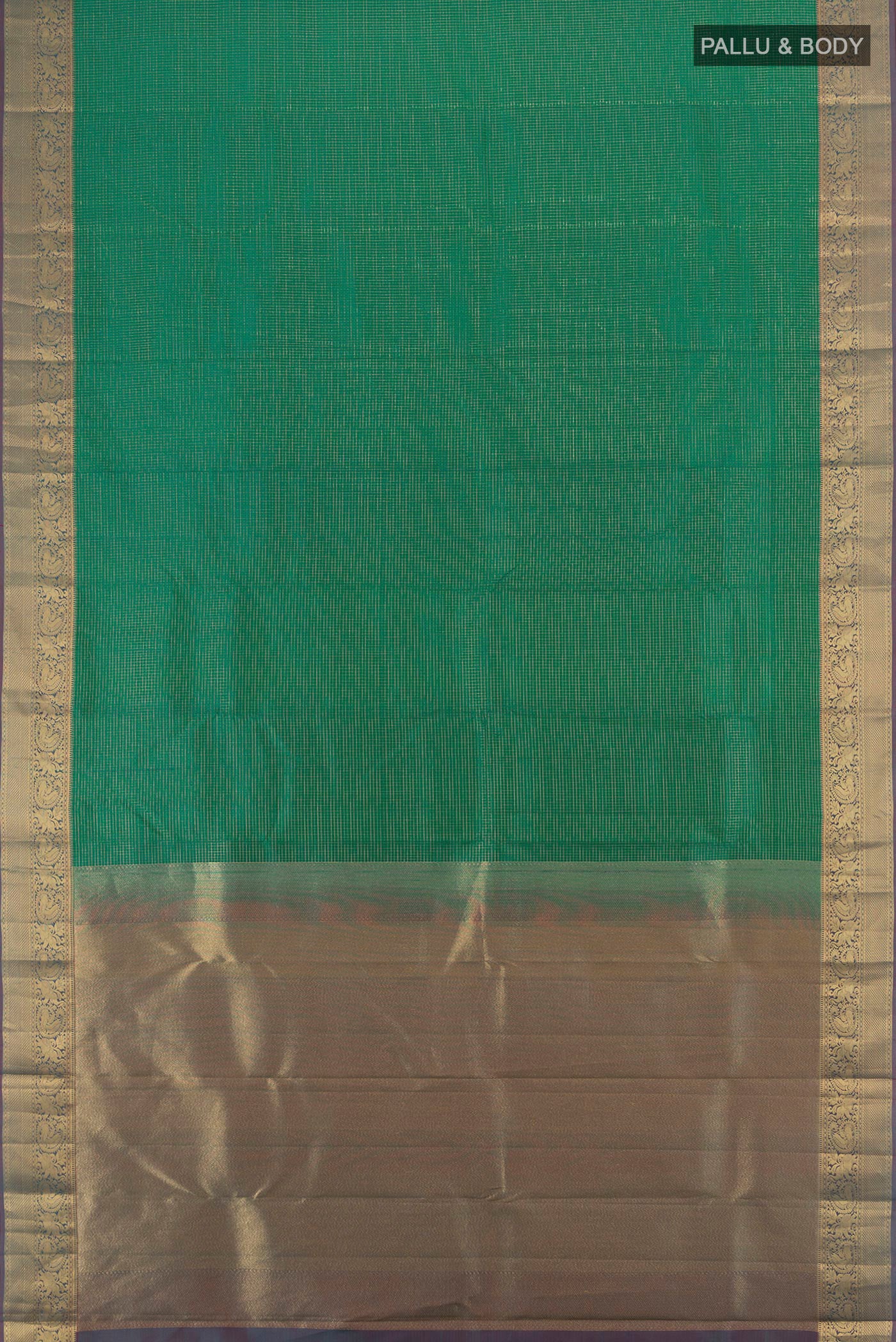 Flat view of Green Kanchipuram Silk Saree with Checked design on the body and Zari Border. 