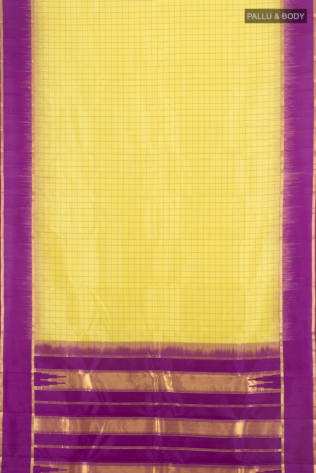Flat view of Lemon Yellow Kanchipuram Silk Saree with Checked design on the body and Plain Border. 