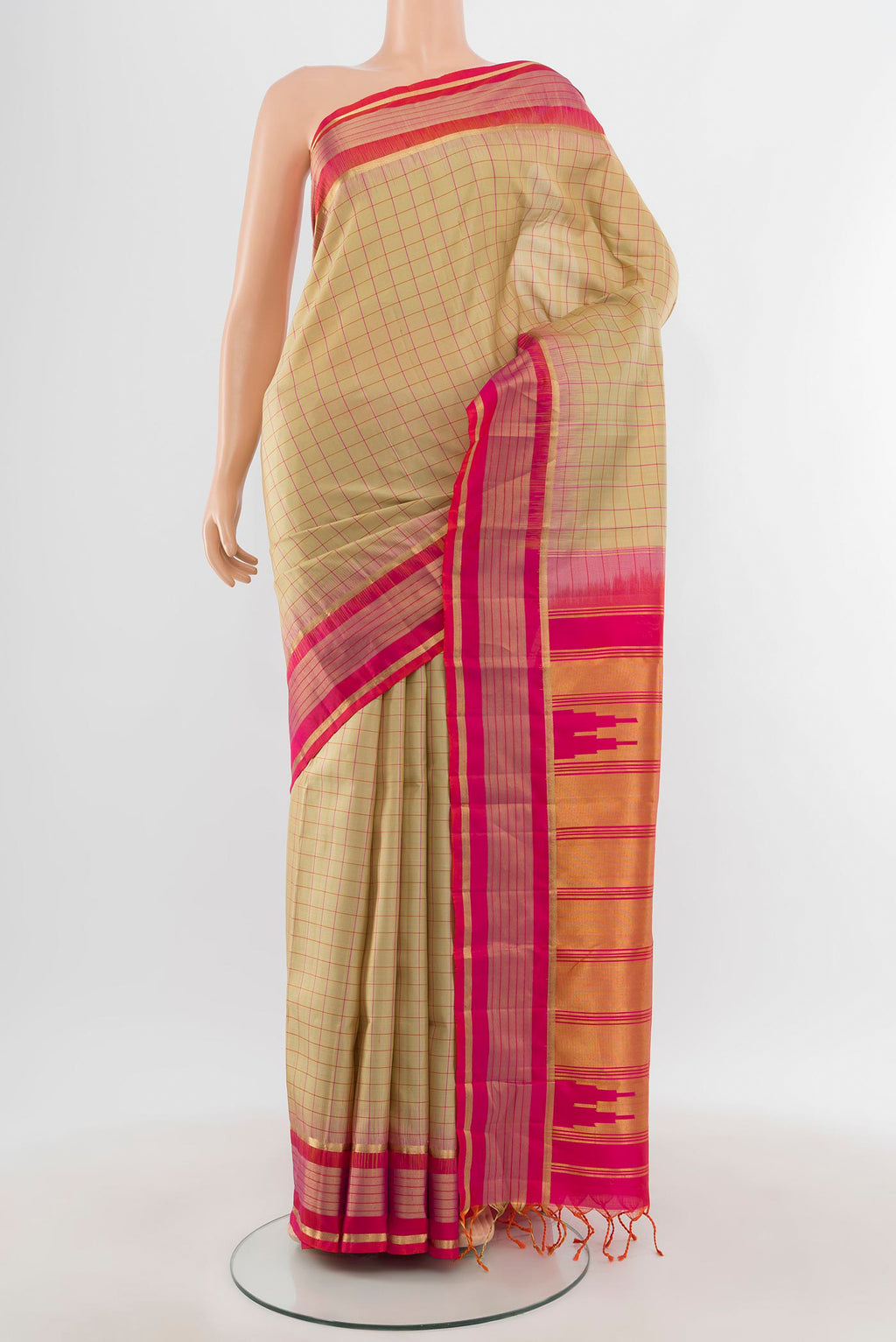 Beige Soft Silk Saree with Checked design on the body and Zari Border.  displayed on a mannequin