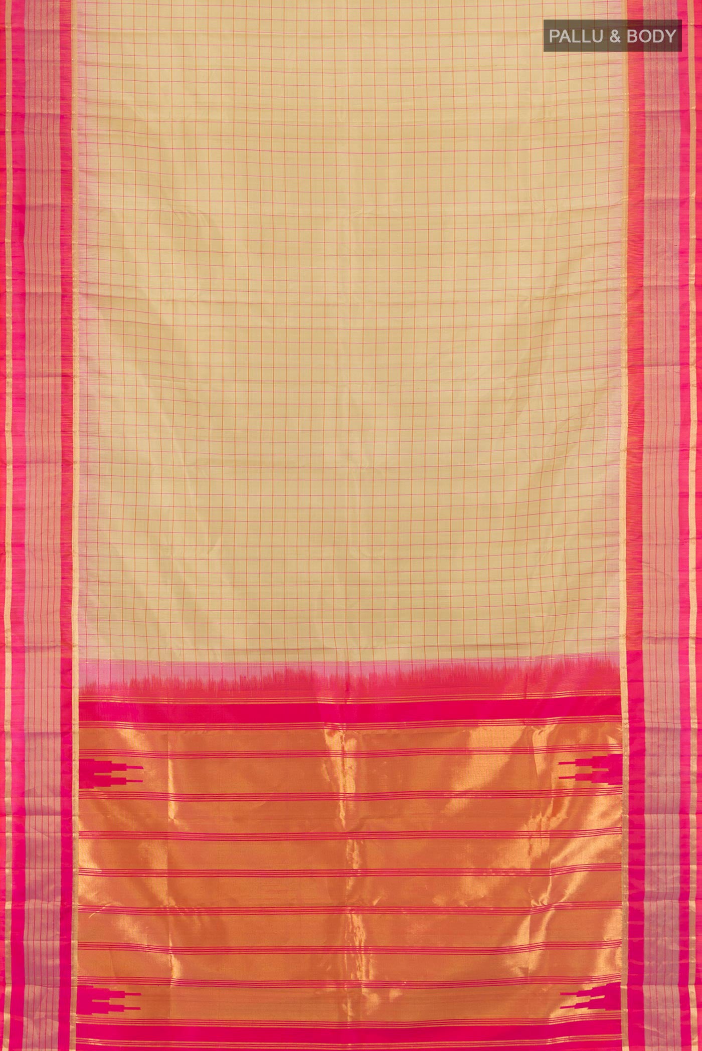 Flat view of Beige Soft Silk Saree with Checked design on the body and Zari Border. 