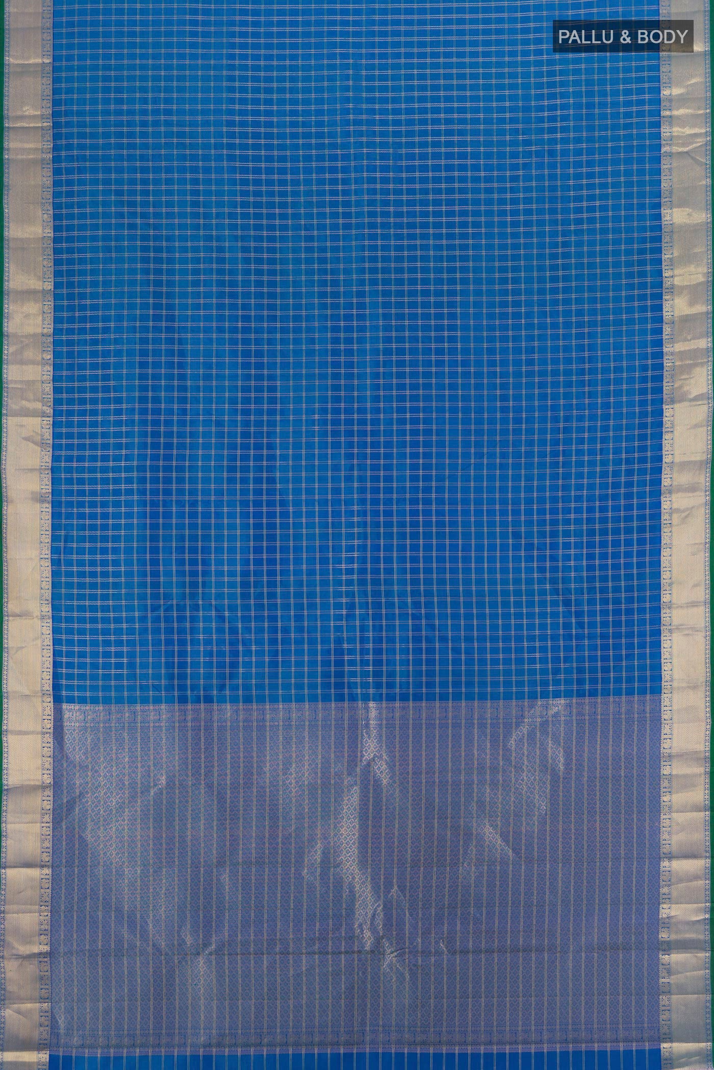 Flat view of Blue Kanchipuram Silk Saree with Checked design on the body and Zari Border. 