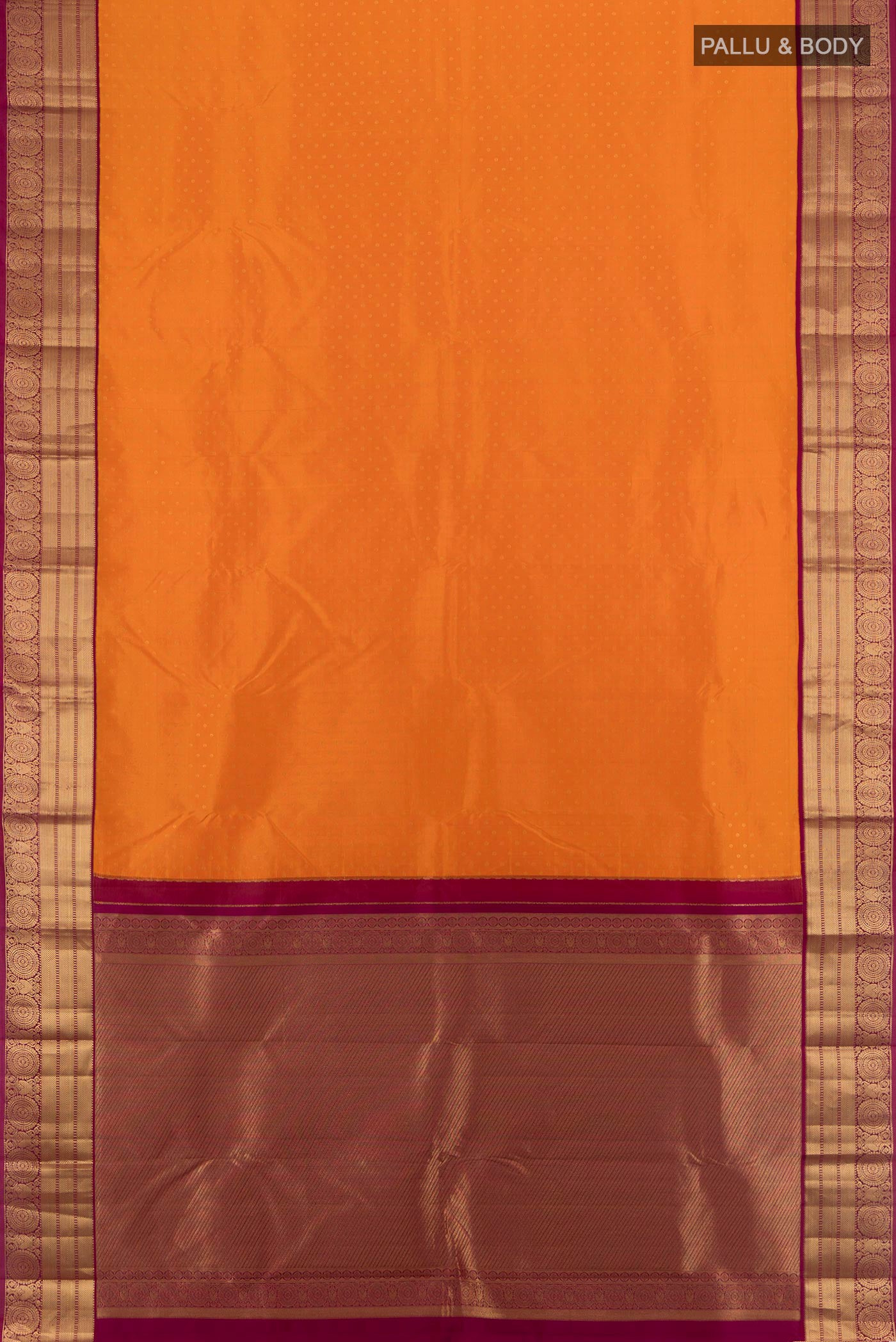 Flat view of Orange Kanchipuram Silk Saree with Zari Butta on the body and Zari Border. 
