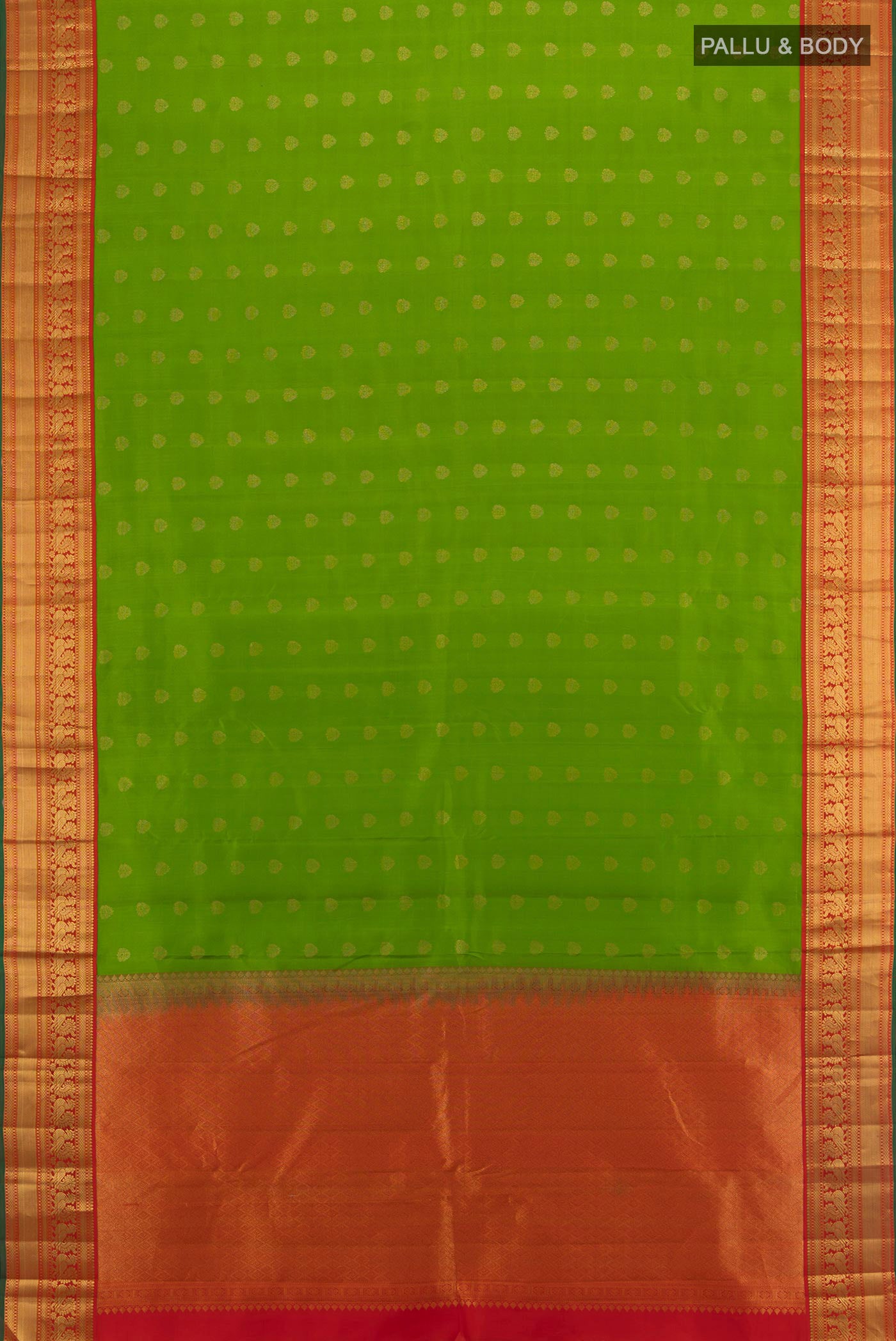Flat view of Green Kanchipuram Silk Saree with Zari Butta on the body and Zari Border. 