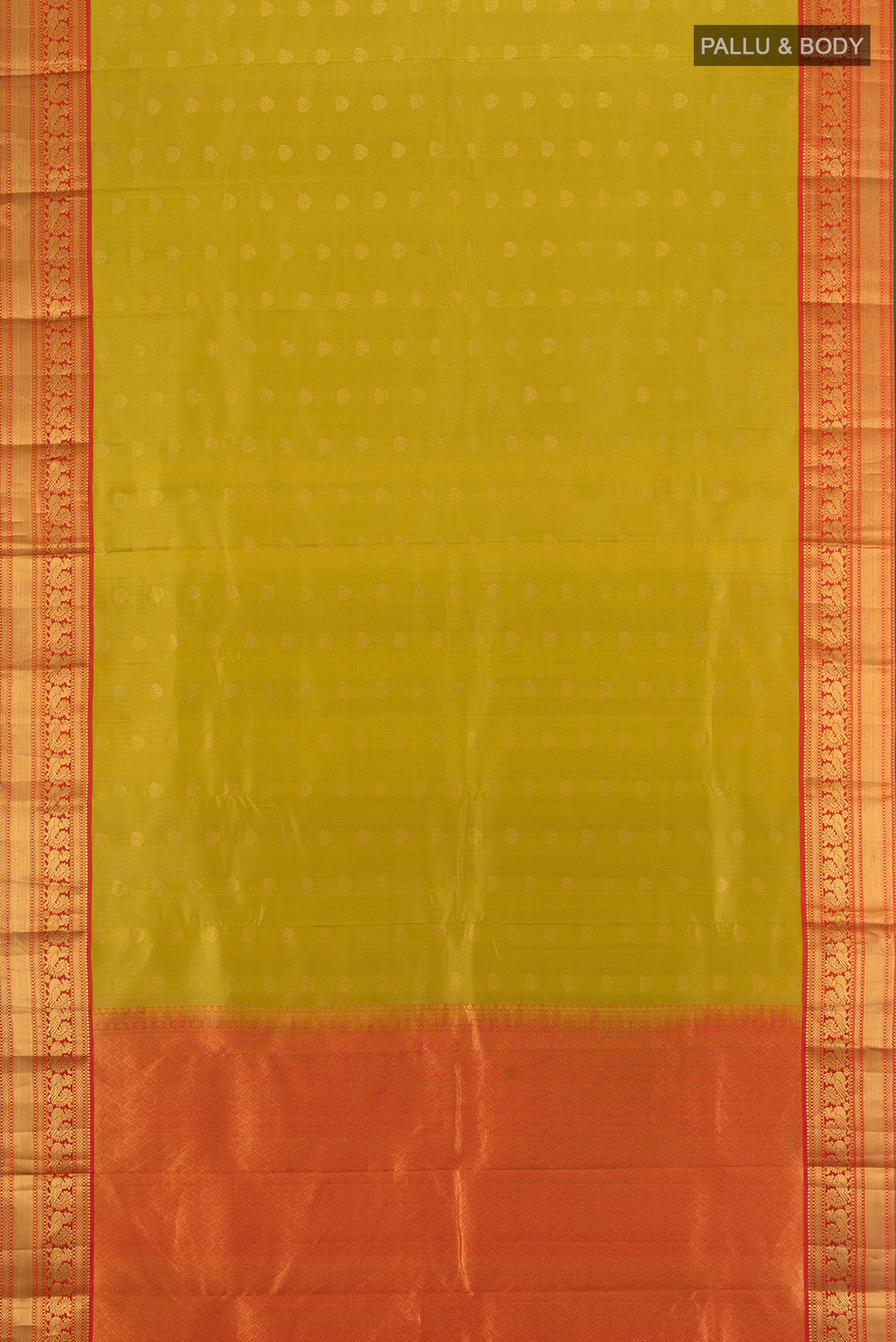 Flat view of Green Kanchipuram Silk Saree with Zari Butta on the body and Zari Border. 