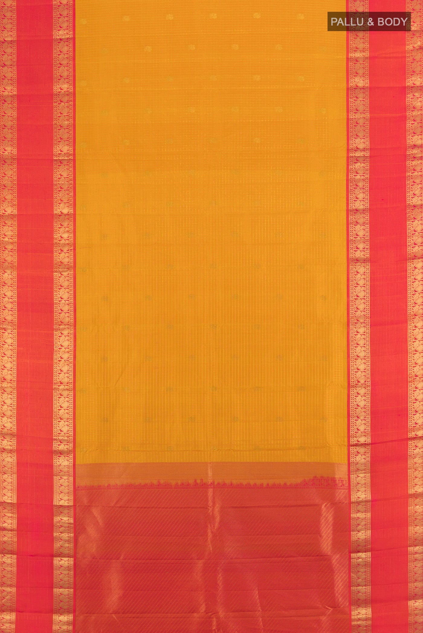 Flat view of Mustard Kanchipuram Silk Saree with Checked design on the body and Zari Border. 
