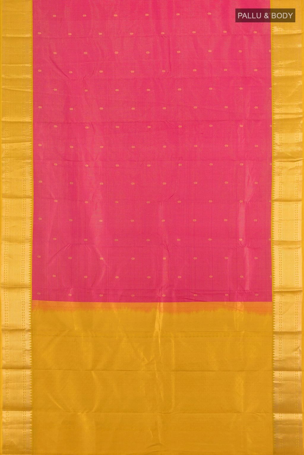 Flat view of Pink Kanjivaram Silk Saree with Zari Butta on the body and Zari Border. 