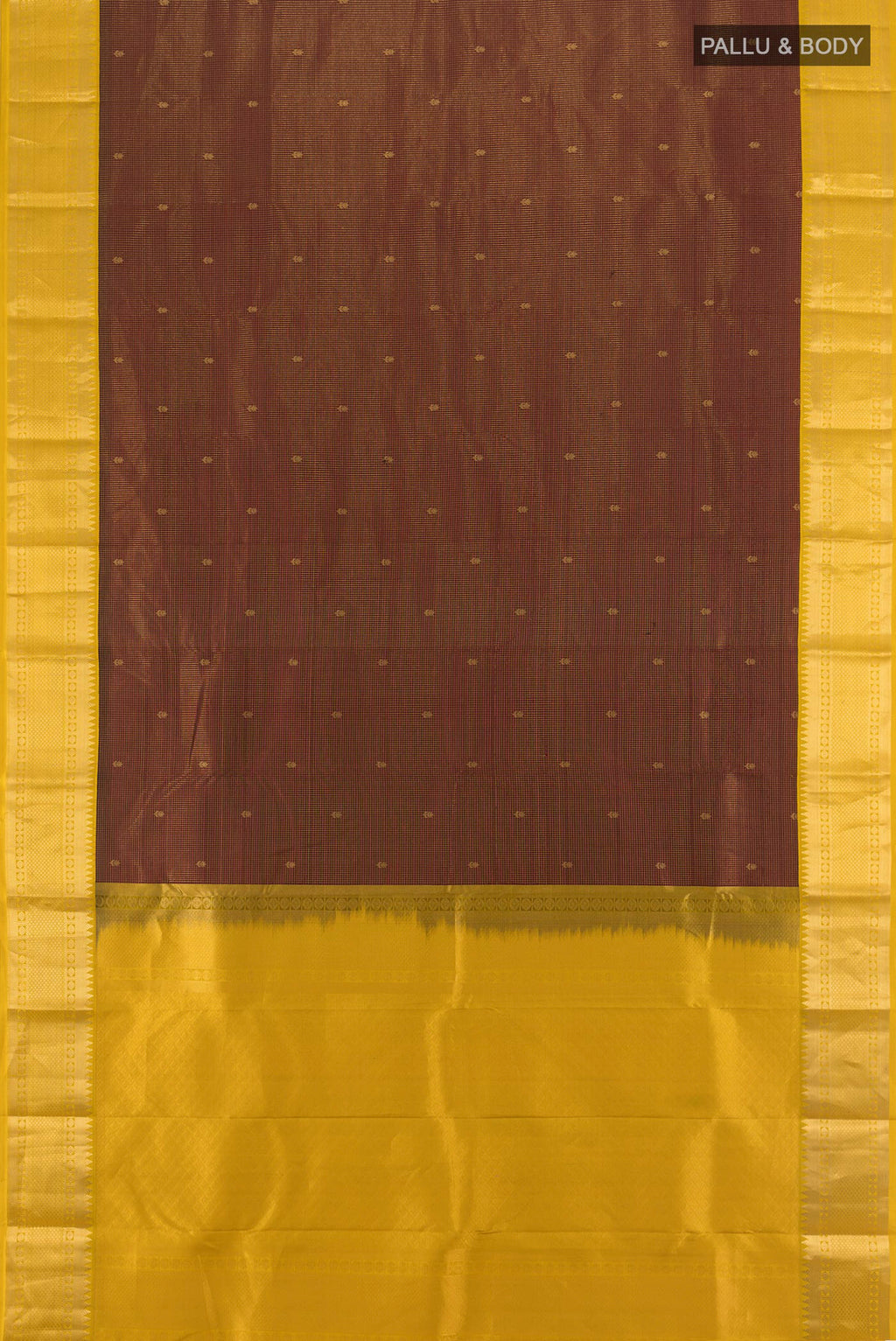 Flat view of Coffee Brown Kanjivaram Silk Saree with Zari Butta on the body and Zari Border. 