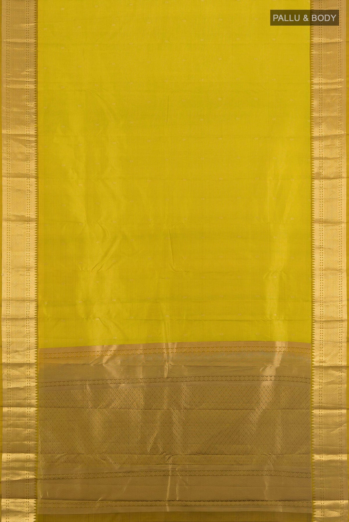 Flat view of Mehandi Green Kanjivaram Silk Saree with Zari Butta on the body and Zari Border. 