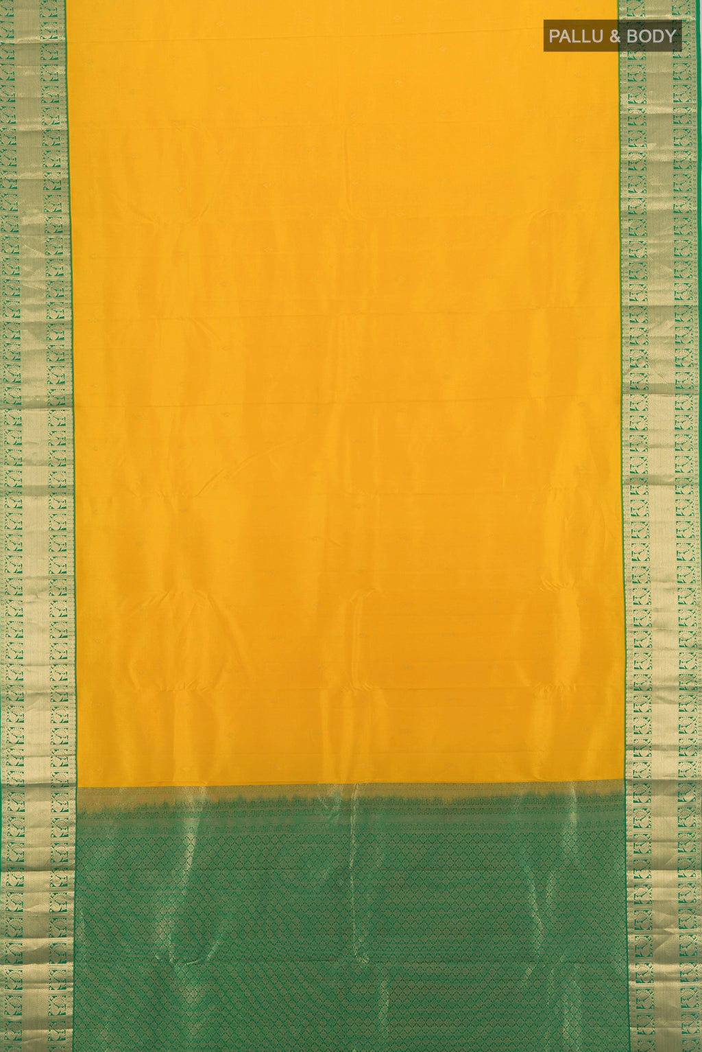 Flat view of Yellow Kanchipuram Silk Saree with Zari Butta on the body and Zari Border. 