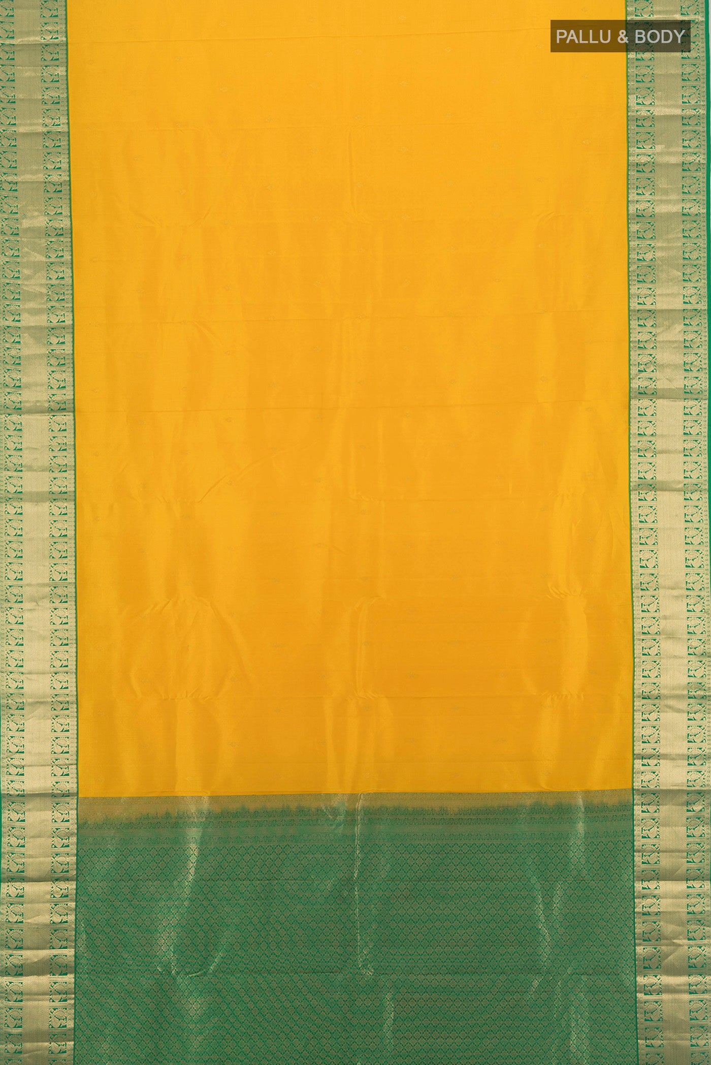 Flat view of Yellow Kanchipuram Silk Saree with Zari Butta on the body and Zari Border. 