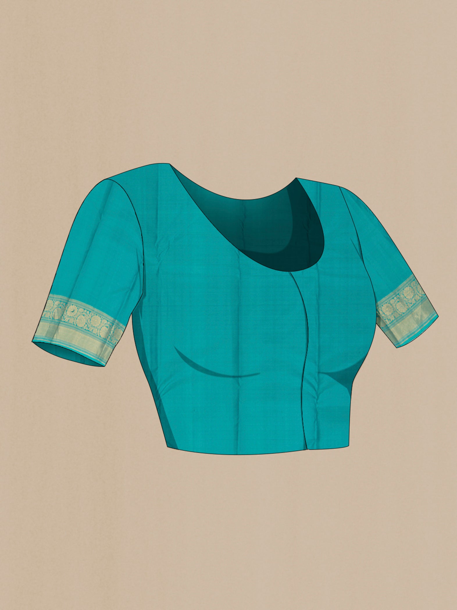 Close up image of the blouse of Beige Kanchipuram Silk Saree with Checked design on the body and Zari Border. 
