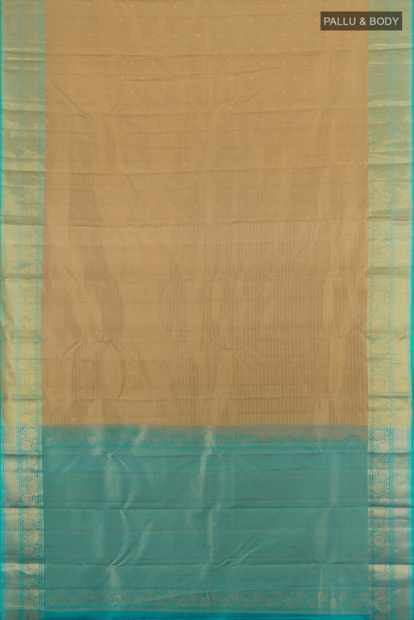 Flat view of Beige Kanchipuram Silk Saree with Checked design on the body and Zari Border. 