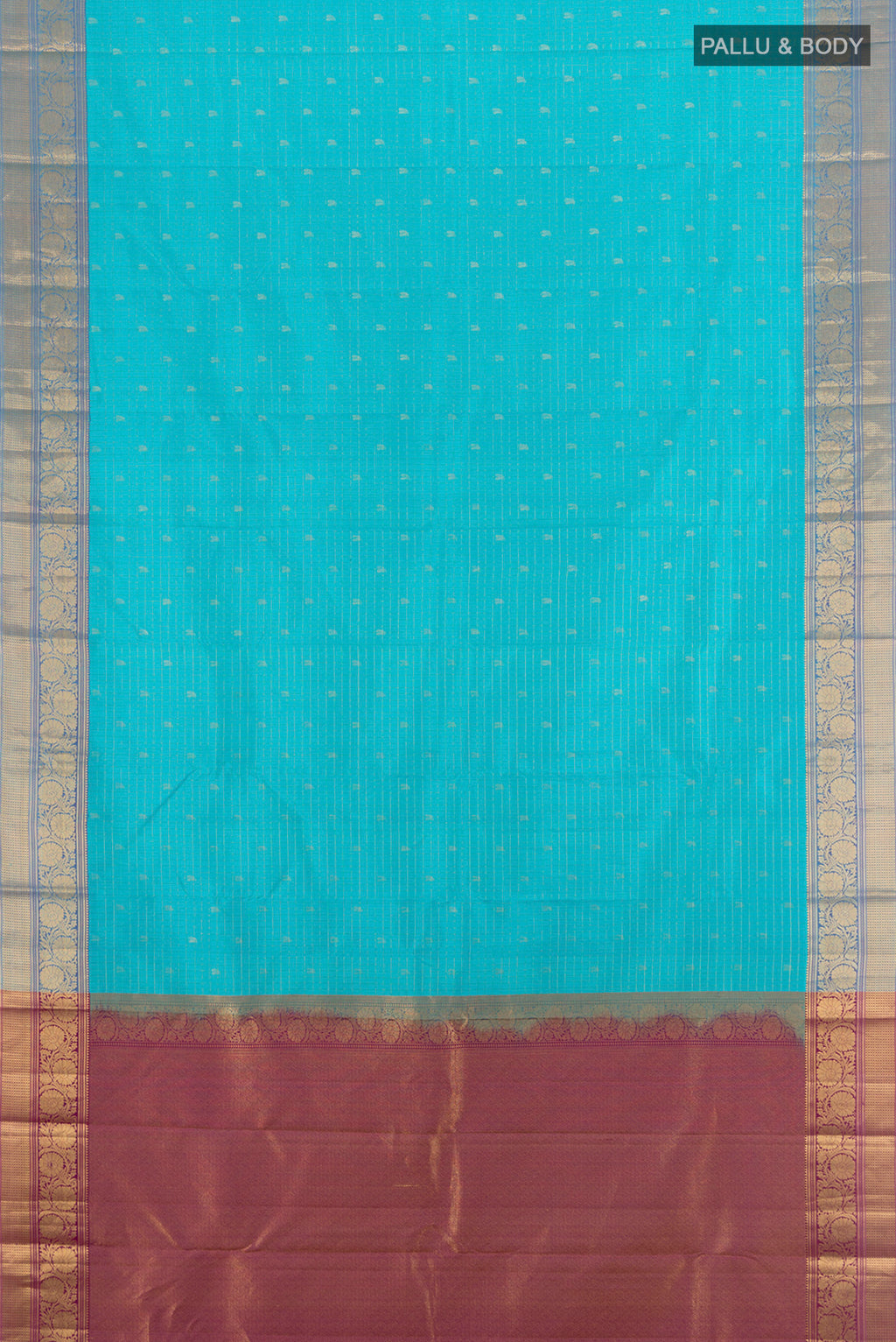 Flat view of Sky Blue Kanchipuram Silk Saree with Zari Butta on the body and Zari Border. 