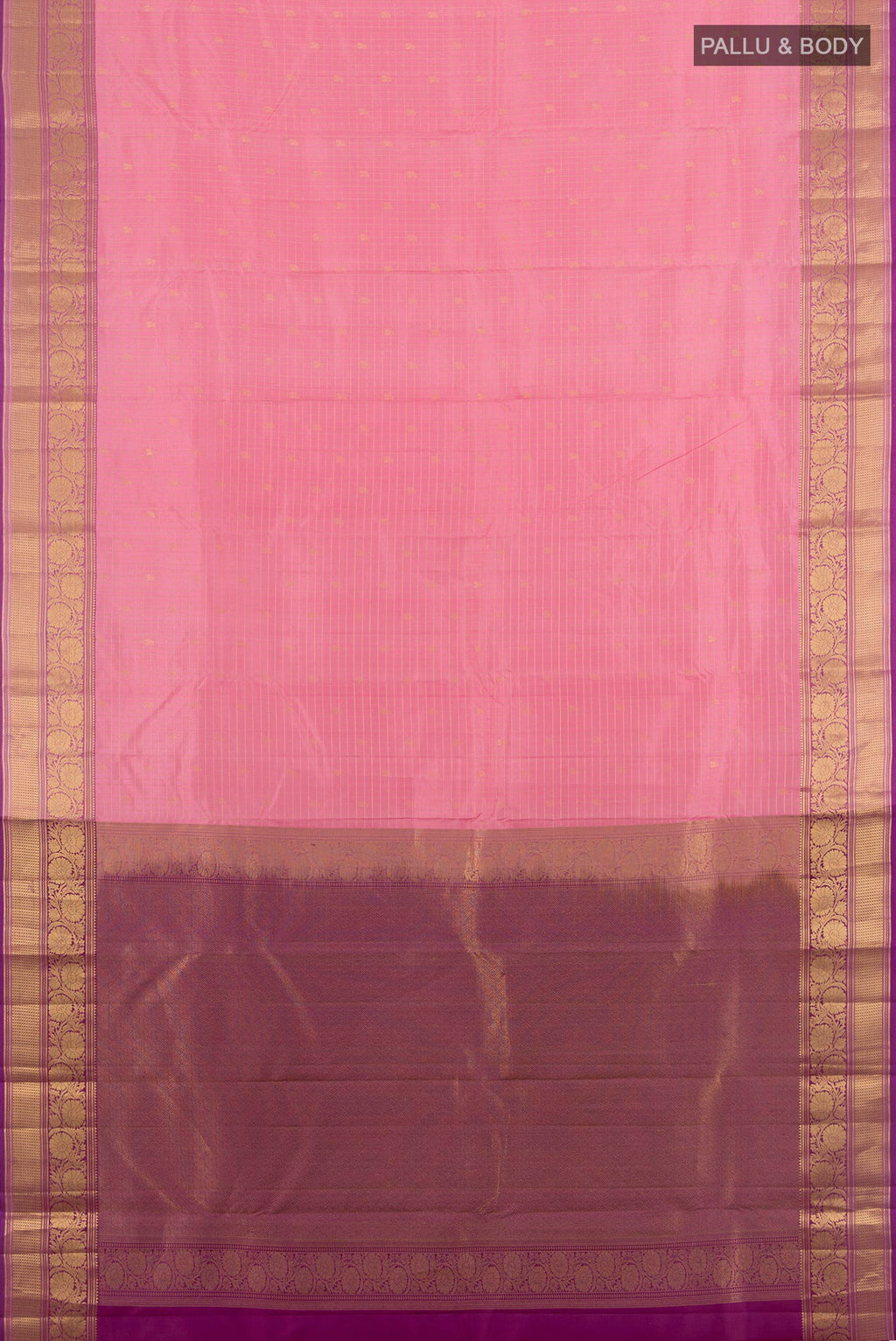 Flat view of Rose pink Kanchipuram Silk Saree with Checked design on the body and Zari Border. 
