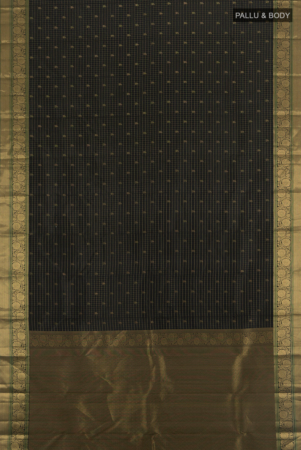 Flat view of Black Kanchipuram Silk Saree with Checked design on the body and Zari Border. 