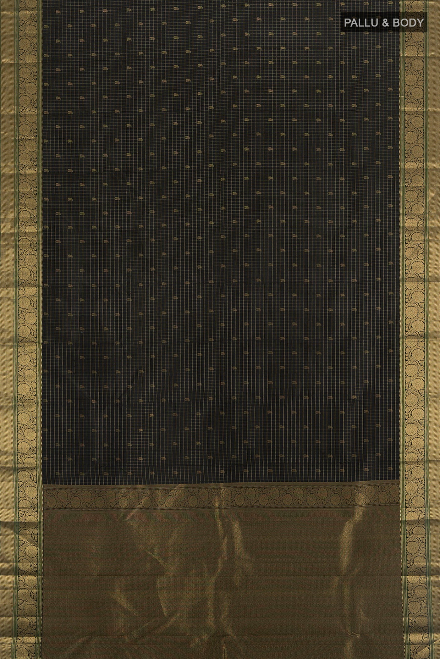 Flat view of Black Kanchipuram Silk Saree with Checked design on the body and Zari Border. 