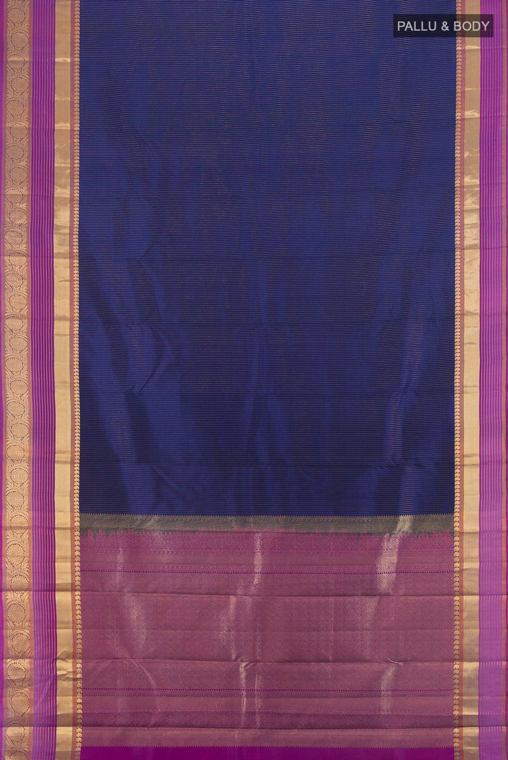 Flat view of Dark Blue Kanjivaram Silk Saree with Stripes on the body and Zari Border. 