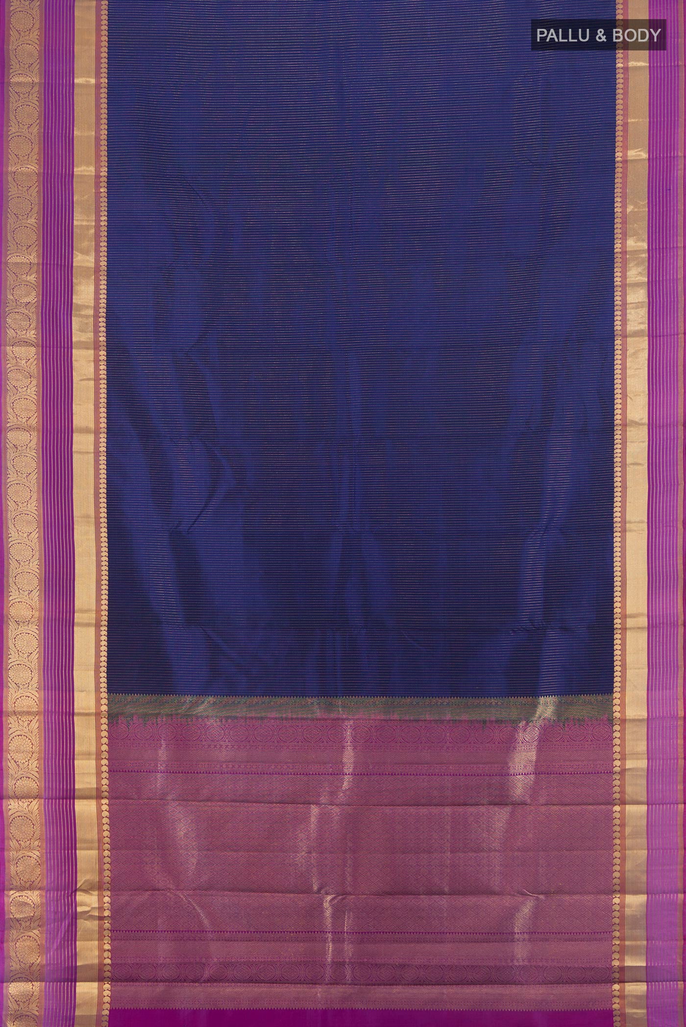 Flat view of Dark Blue Kanjivaram Silk Saree with Stripes on the body and Zari Border. 