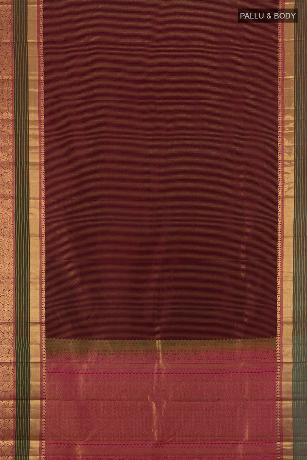 Flat view of Maroon Kanjivaram Silk Saree with Zari Butta on the body and Zari Border. 