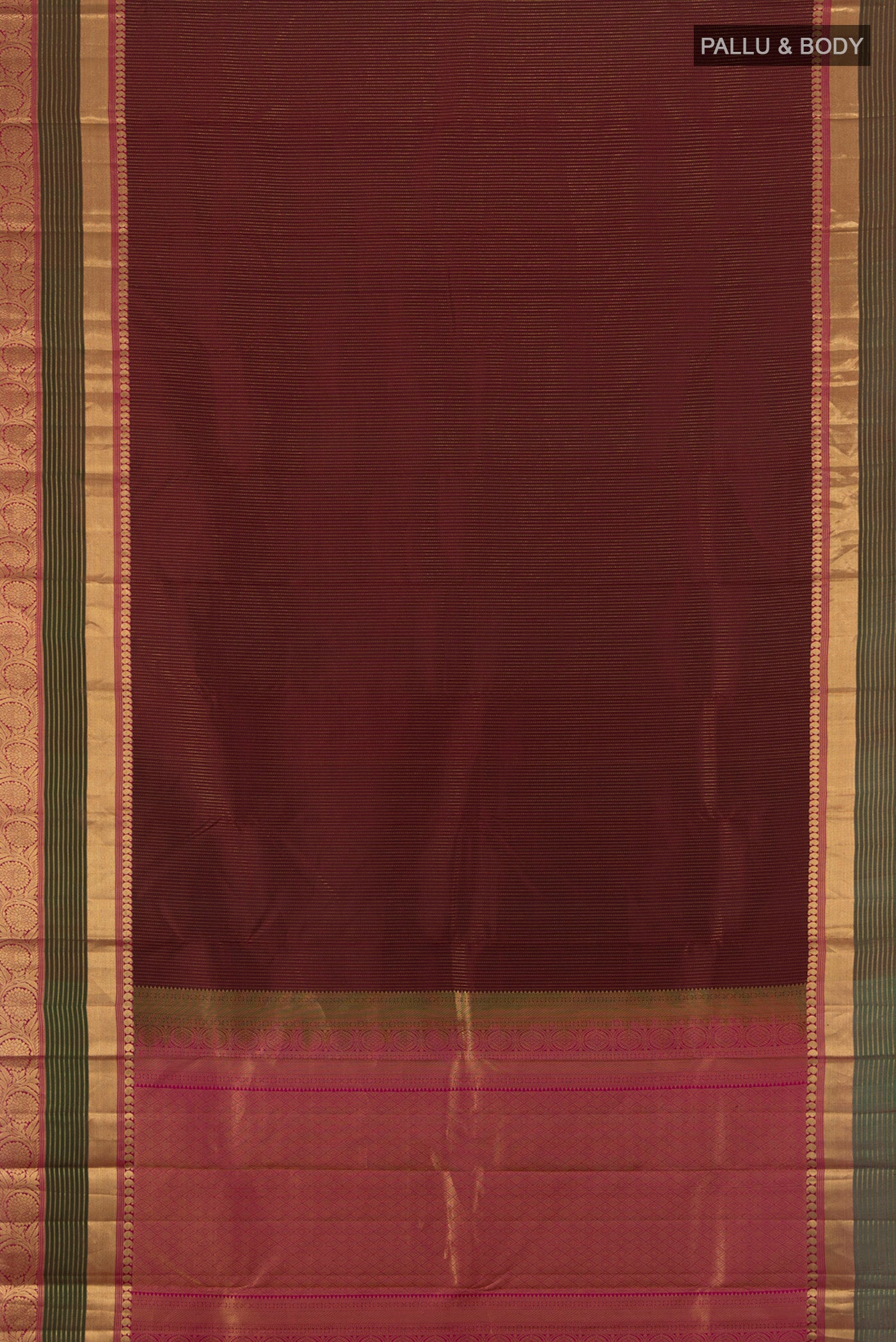 Flat view of Maroon Kanjivaram Silk Saree with Zari Butta on the body and Zari Border. 