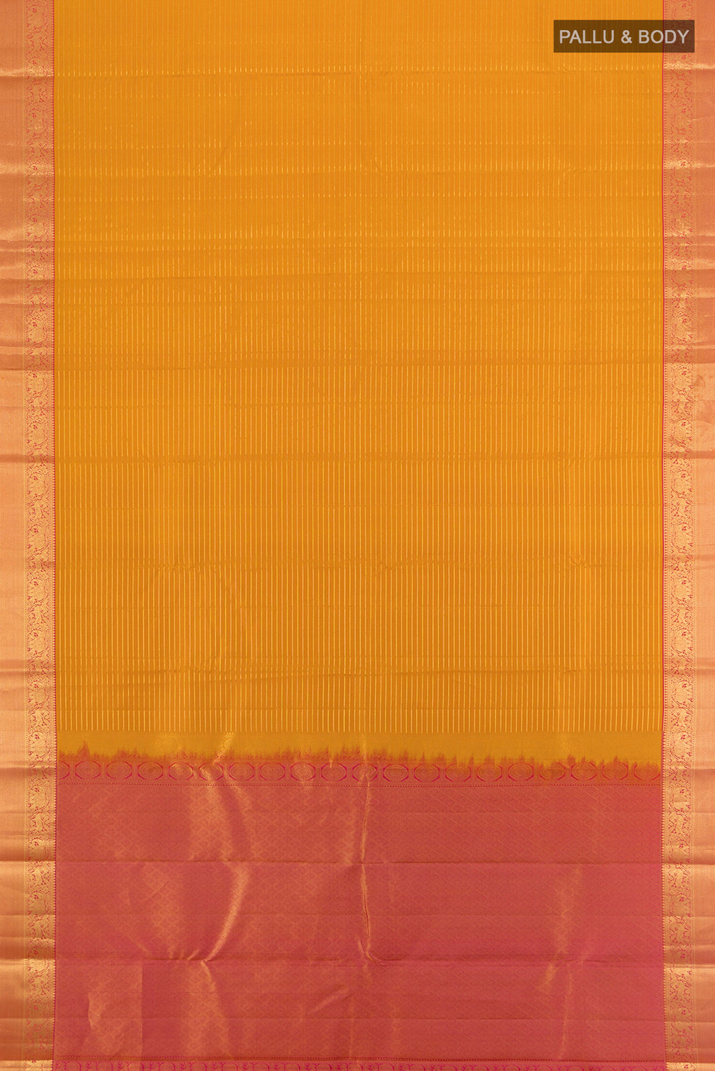 Flat view of Mustard Kanjivaram Silk Saree with Stripes on the body and Zari Border. 