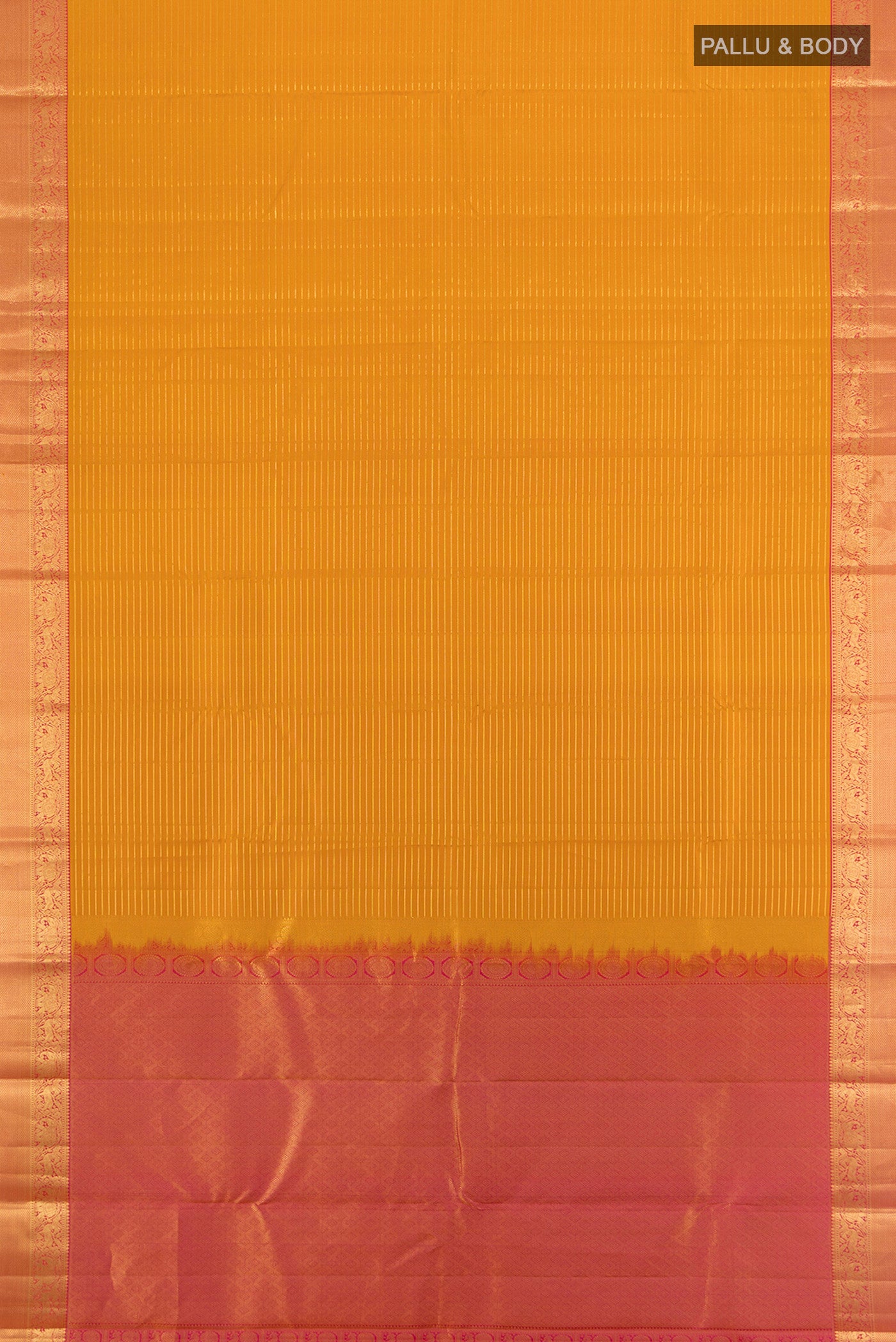 Flat view of Mustard Kanjivaram Silk Saree with Stripes on the body and Zari Border. 