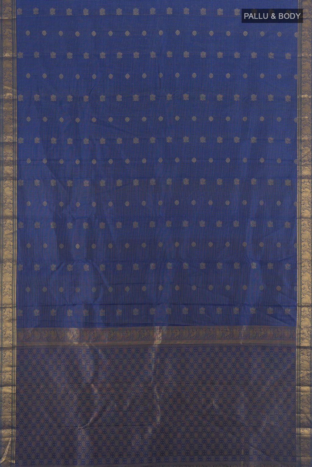 Flat view of Blue Kanchipuram Silk Saree with Zari Butta on the body and Zari Border. 