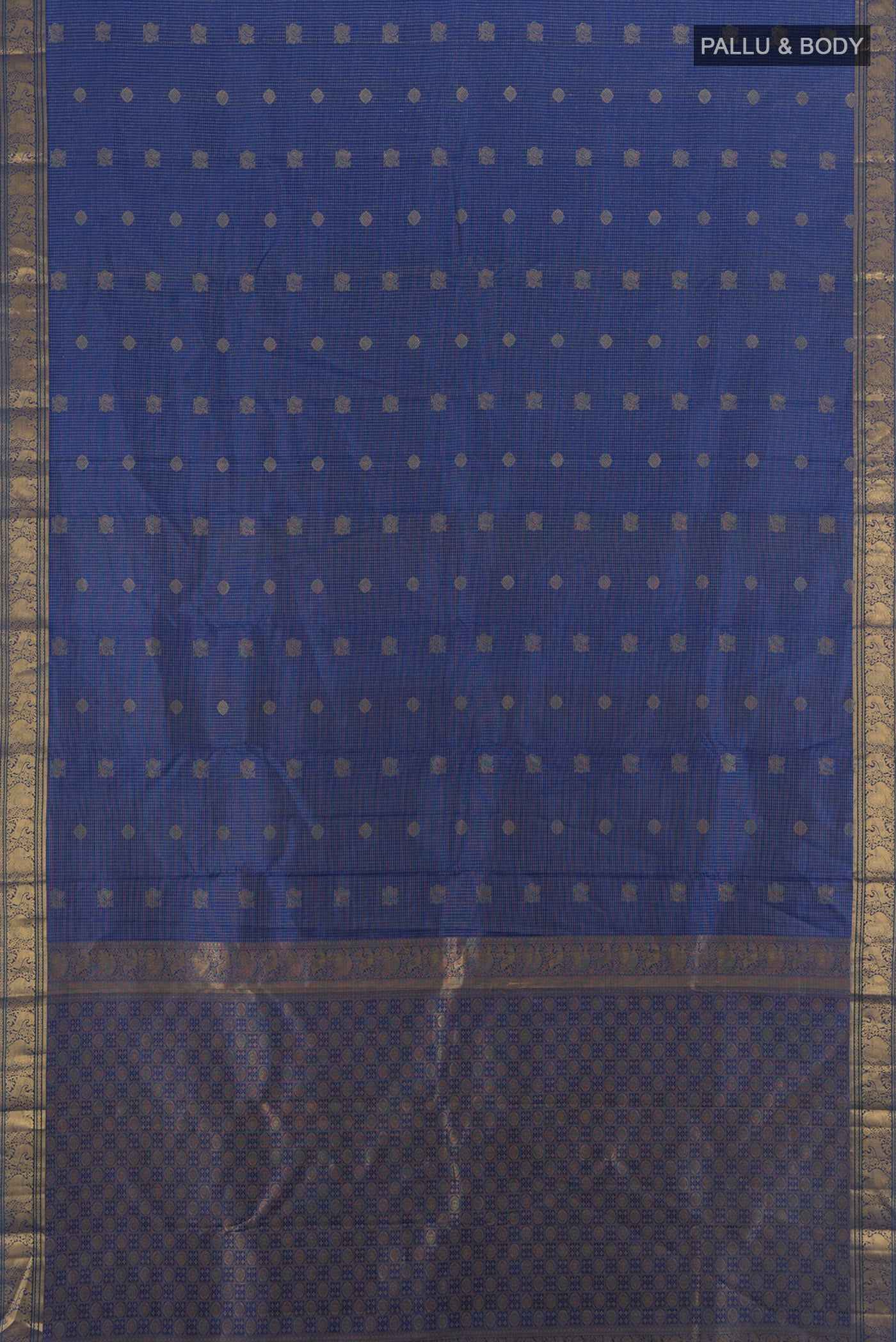 Flat view of Blue Kanchipuram Silk Saree with Zari Butta on the body and Zari Border. 